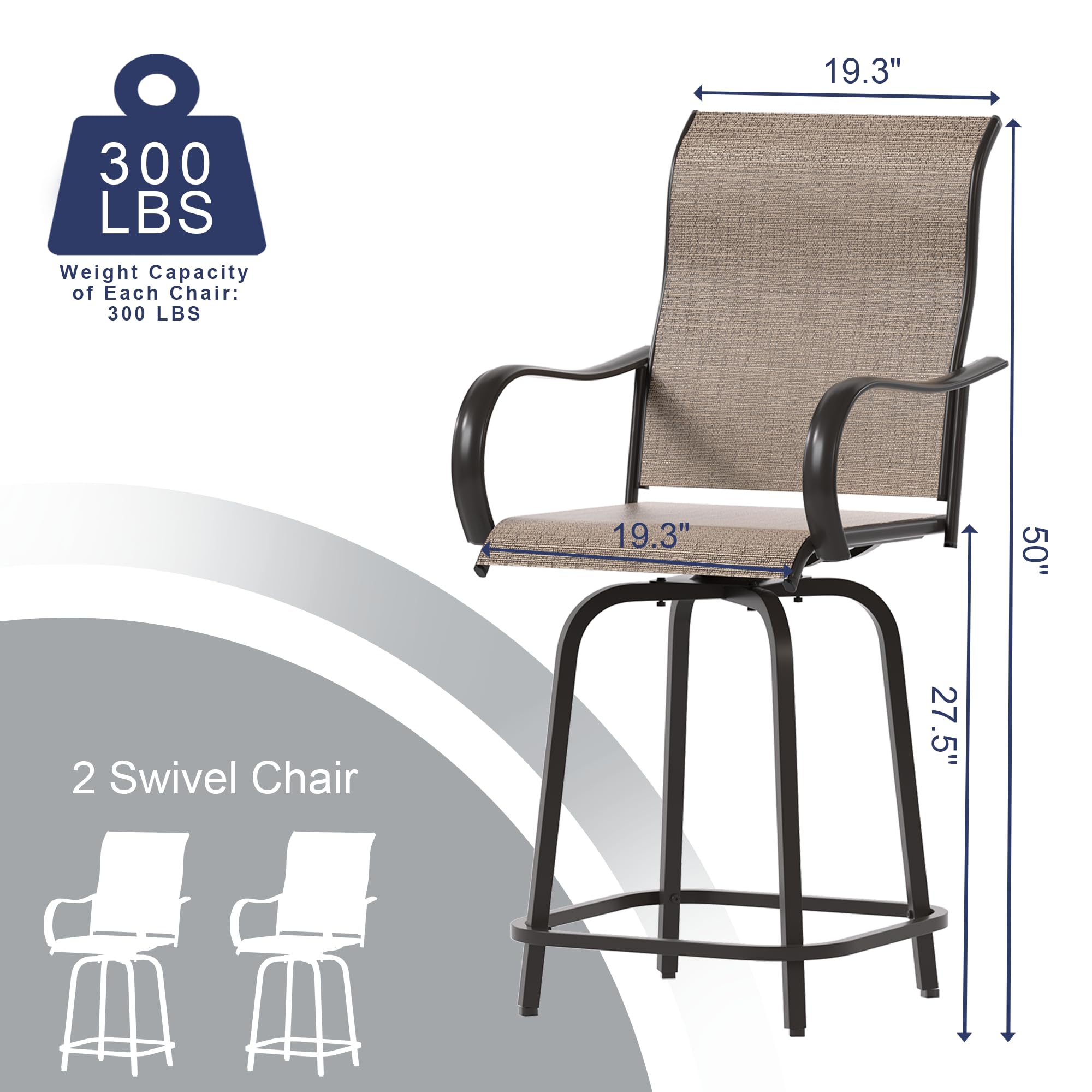 UDPATIO Outdoor Swivel Bar Stools Set of 2,Outdoor High Bistro Stools with Waterproof Textile Fabric,Armrest,Footrest,All Weather Bar Height Patio Chairs for Poolside, Garden, Backyard,Brown
