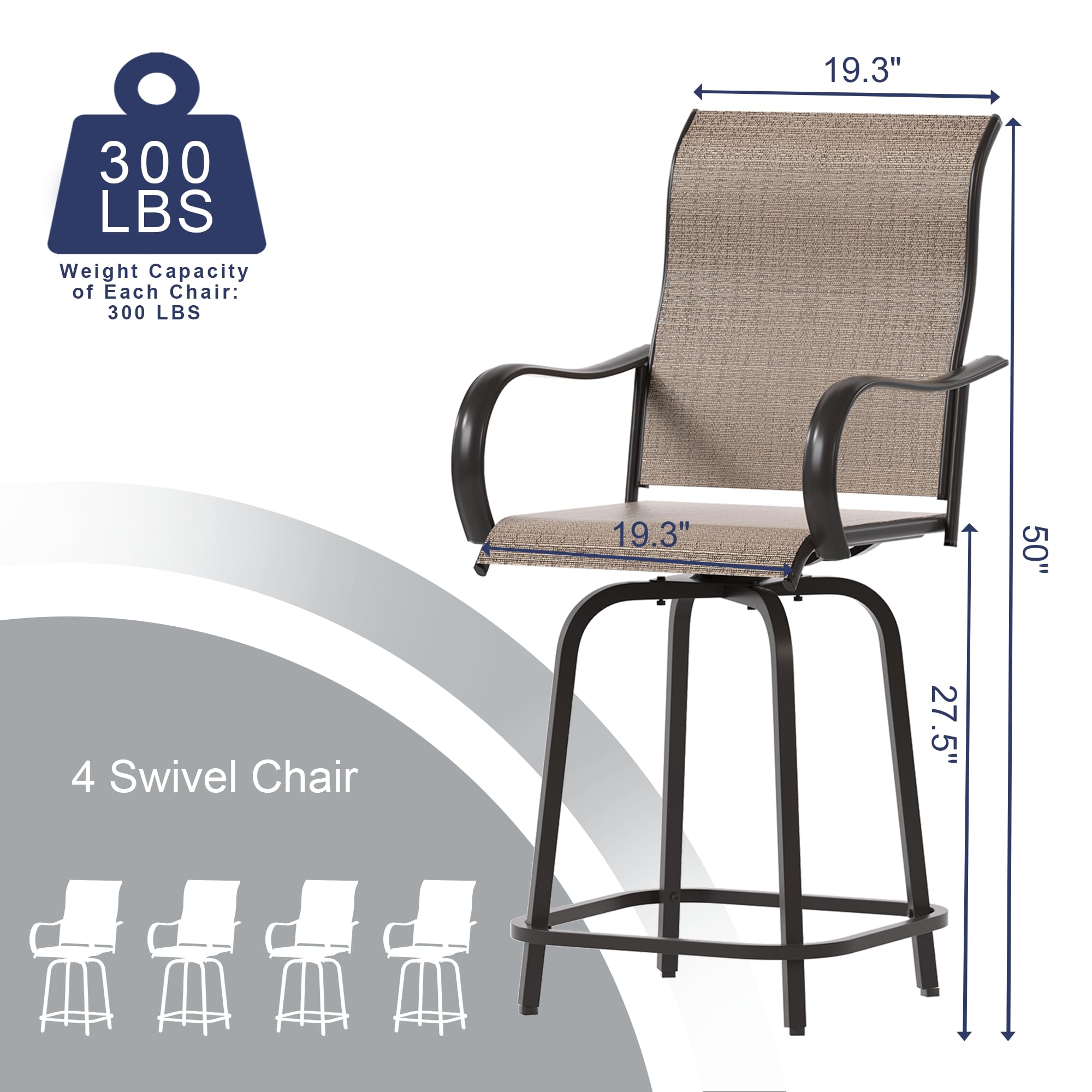 UDPATIO Outdoor Swivel Bar Stools Set of 4,Outdoor High Bistro Stools with Waterproof Textile Fabric,Armrest,Footrest,All Weather Bar Height Patio Chairs for Poolside, Garden, Backyard,Brown