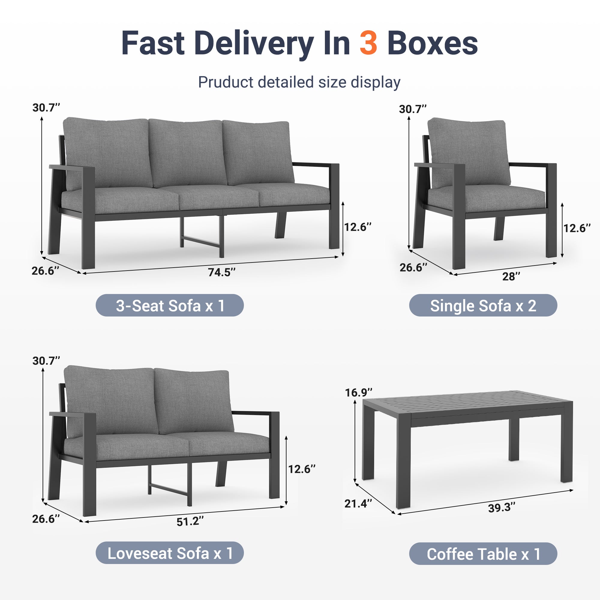 UDPATIO Aluminum Patio Furniture Set, 5 Pieces Sectional Metal Conversation Sofa Modern Seating Set with Coffee Table for Outdoor Garden Backyard, Dark Grey