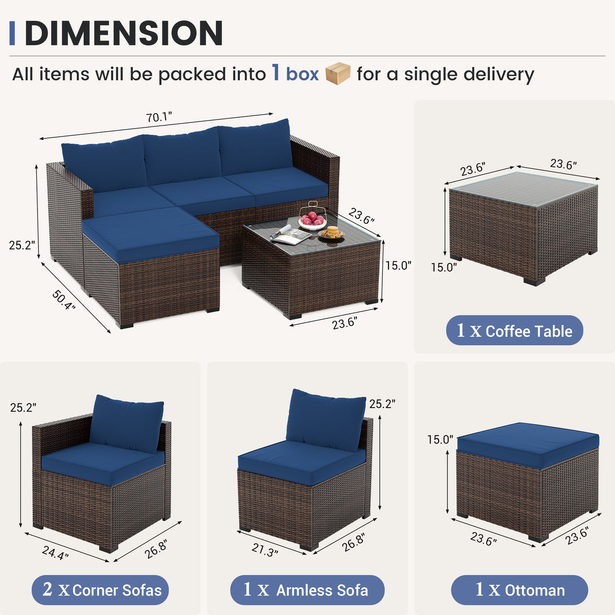 UDPATIO 5 Piece L Shaped Outdoor Couch, Small Space Patio Furniture Set, Navy Blue