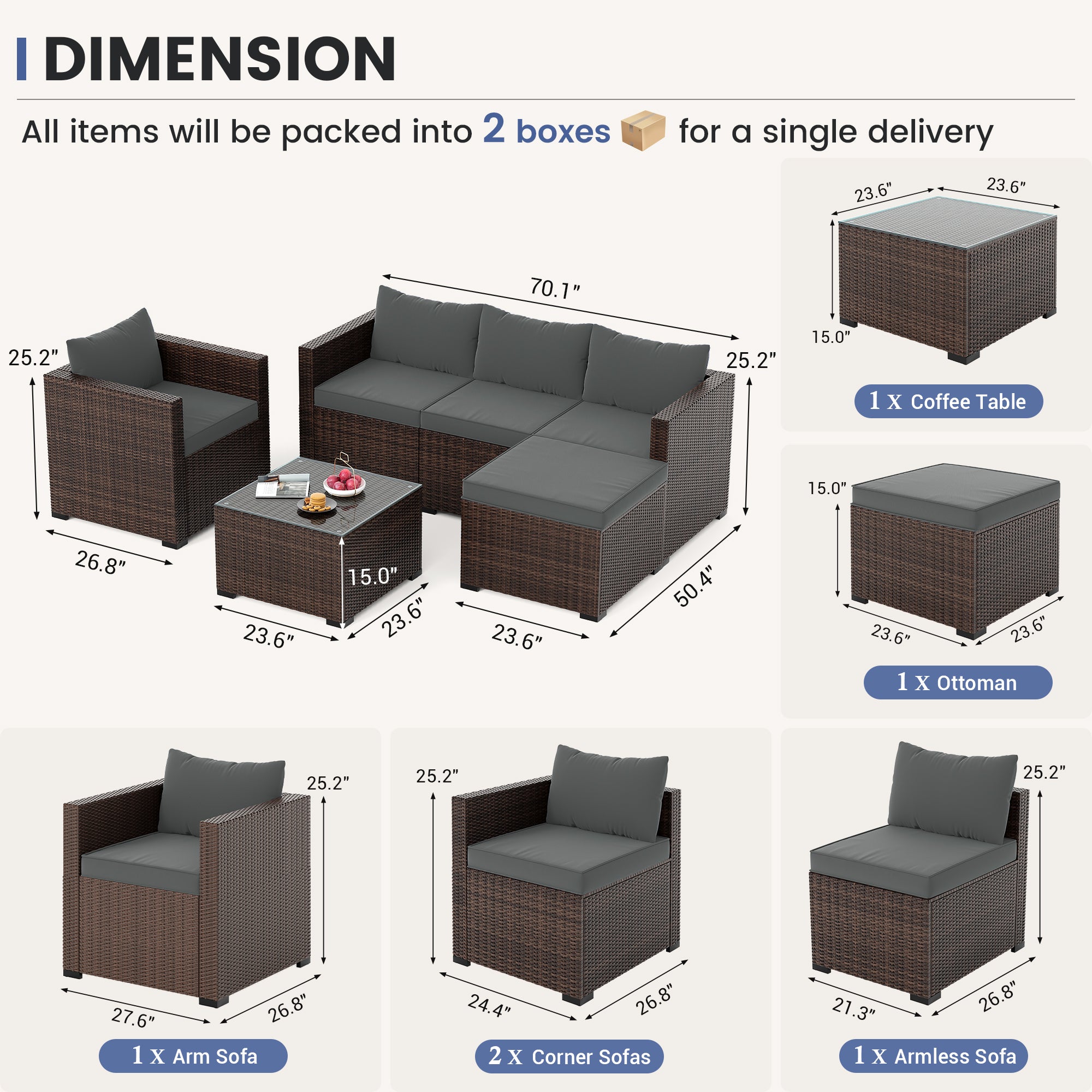 UDPATIO 6 Piece L Shaped Outdoor Couch, Patio Furniture Set, Grey