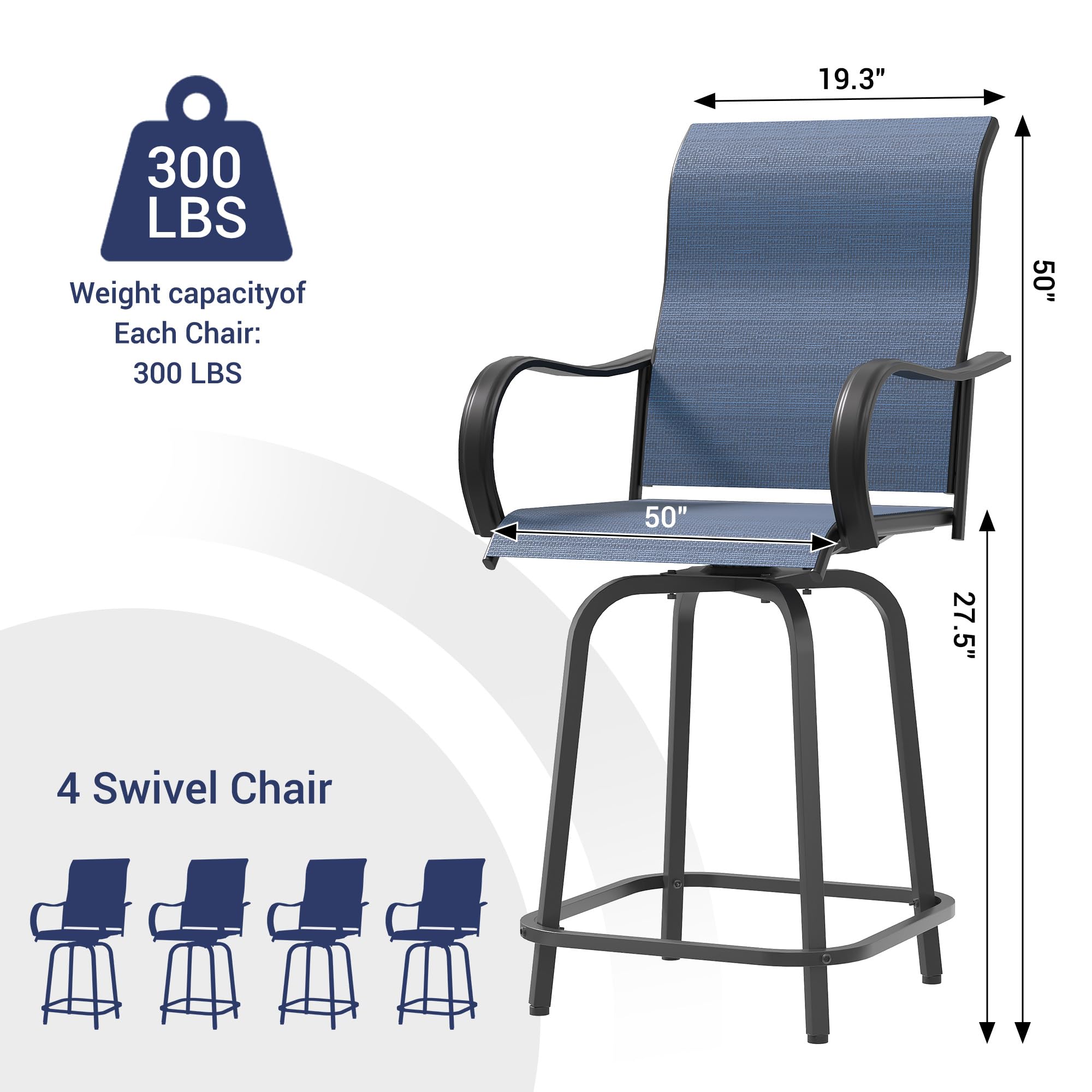 UDPATIO Outdoor Swivel Bar Stools Set of 4,Outdoor High Bistro Stools with Waterproof Textile Fabric,Armrest,Footrest,All Weather Bar Height Patio Chairs for Poolside, Garden, Backyard,Blue