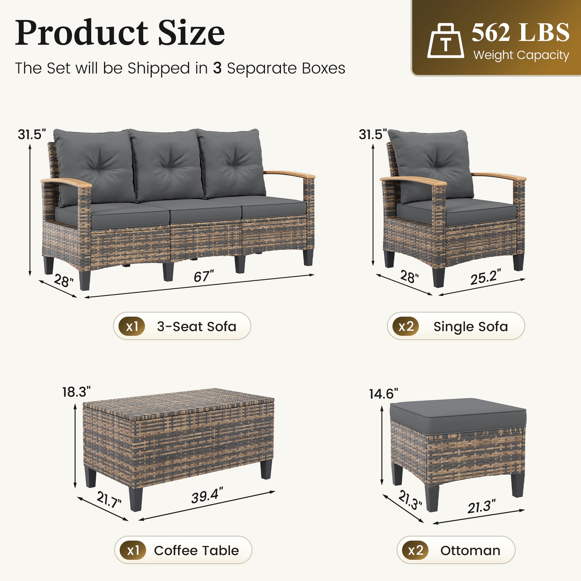 UDPATIO Patio Furniture Set, 6 Pieces Outdoor Wicker Conversation Set with 2 Ottomans & Storage Table for Lawn, Porch, Garden, Backyard, Grey