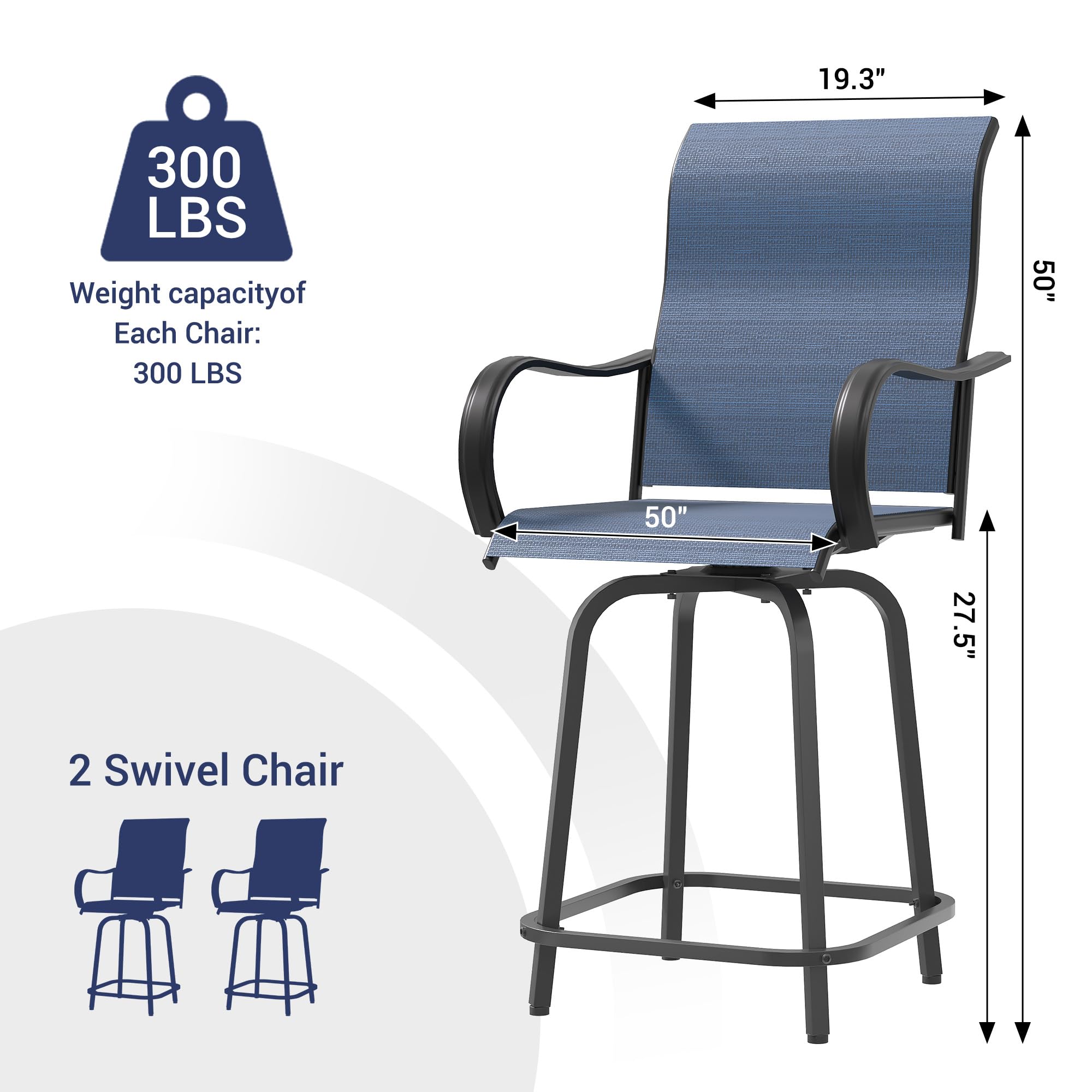 UDPATIO Outdoor Swivel Bar Stools Set of 2,Outdoor High Bistro Stools with Waterproof Textile Fabric,Armrest,Footrest,All Weather Bar Height Patio Chairs for Poolside, Garden, Backyard,Blue