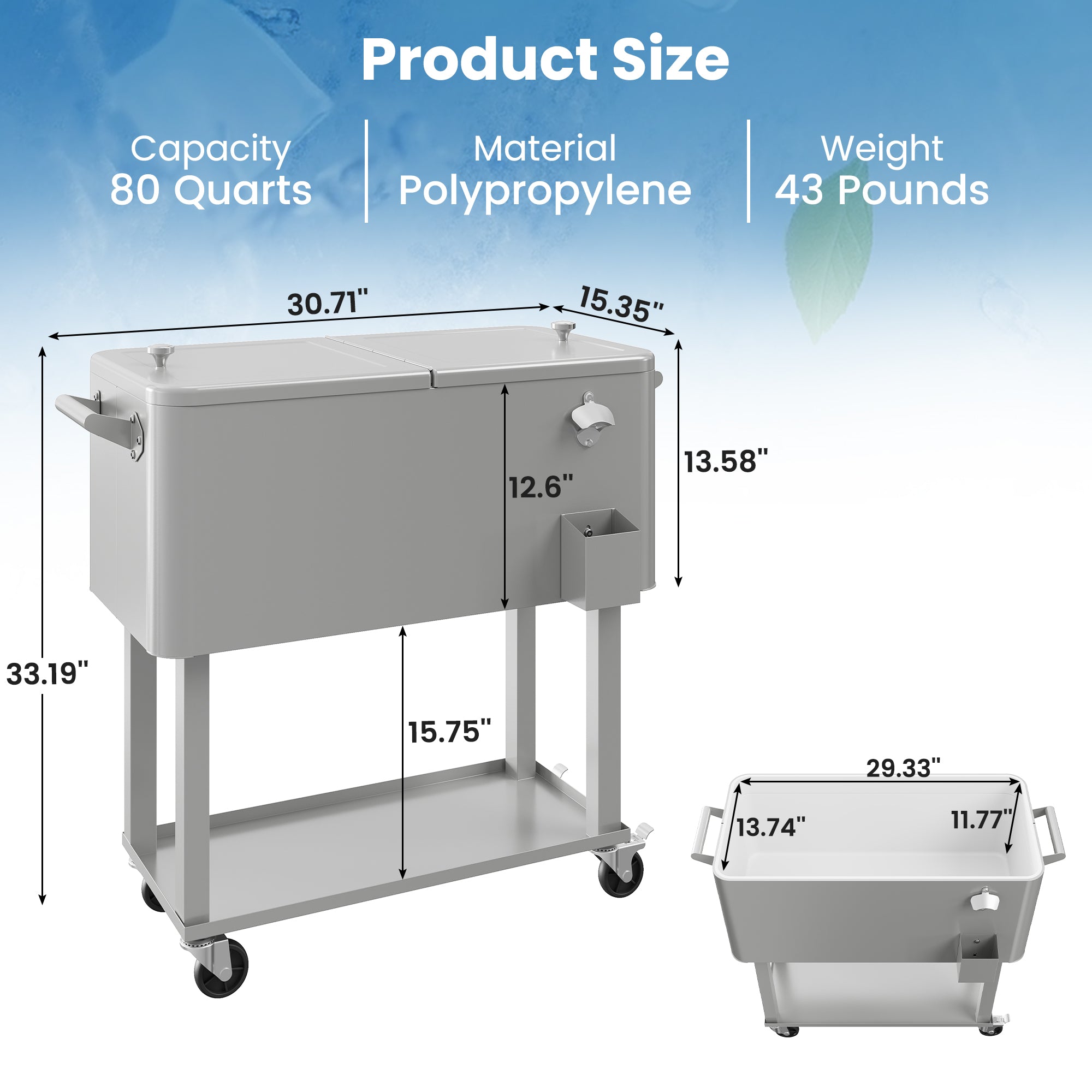 Patio Cooler Cart 80 Quart Outdoor Rolling Ice Chest Portable Beverage Bar with Bottom Storage Tray and Bottle Opener for Party BBQ Beach Activities