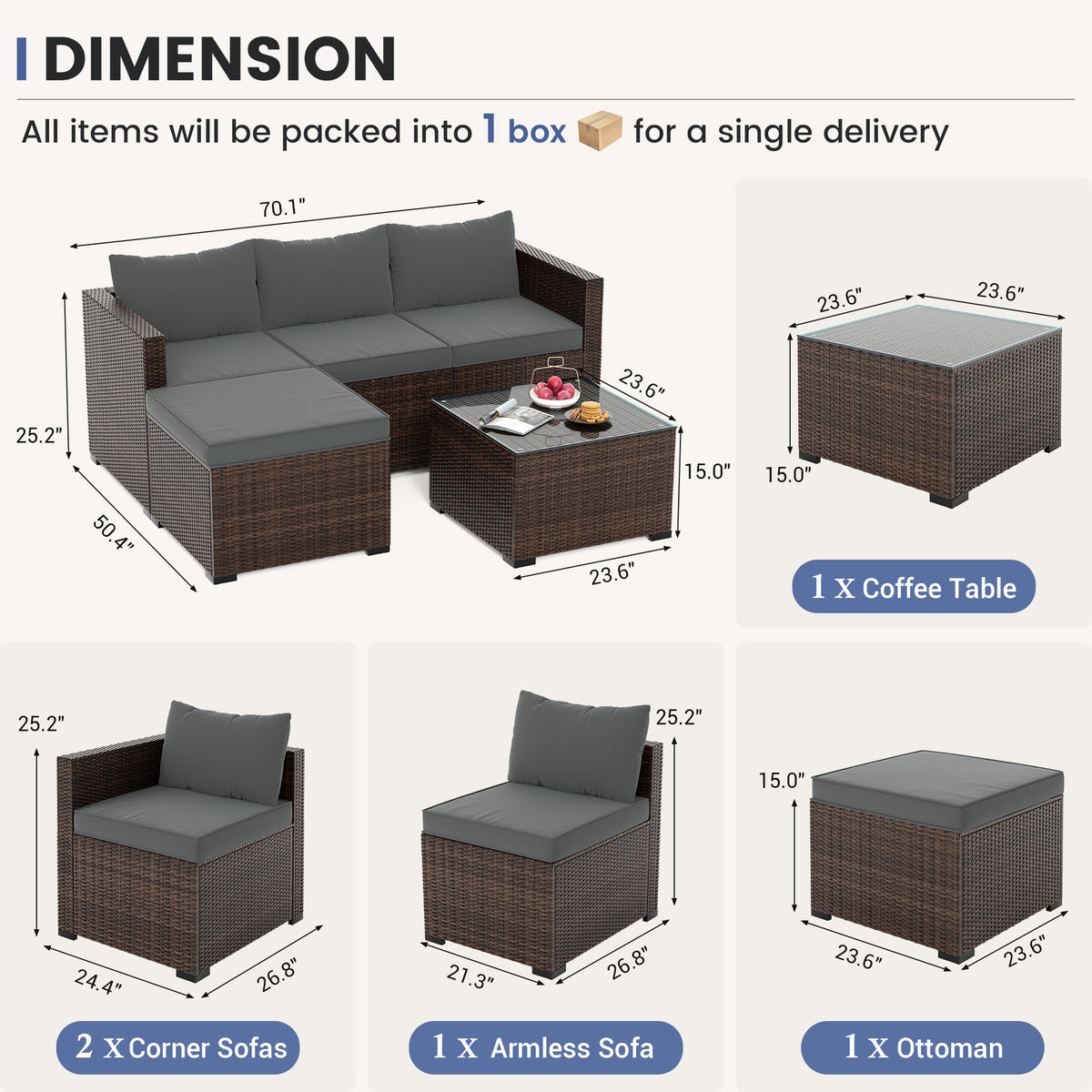 UDPATIO 5 Piece L Shaped Outdoor Couch, Small Space Patio Furniture Set, Grey