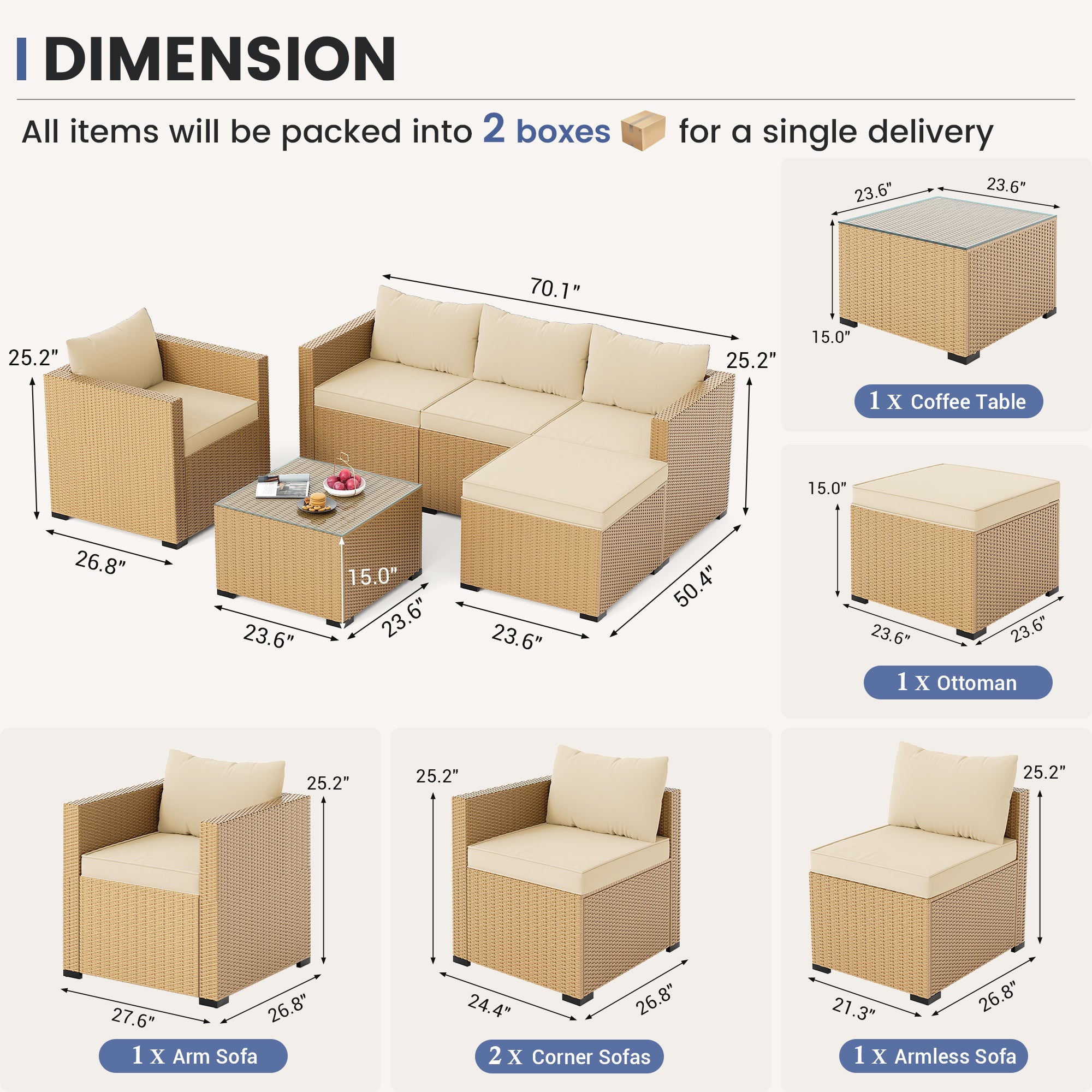 UDPATIO 6 Piece L Shaped Outdoor Couch, Patio Furniture Set, Beige