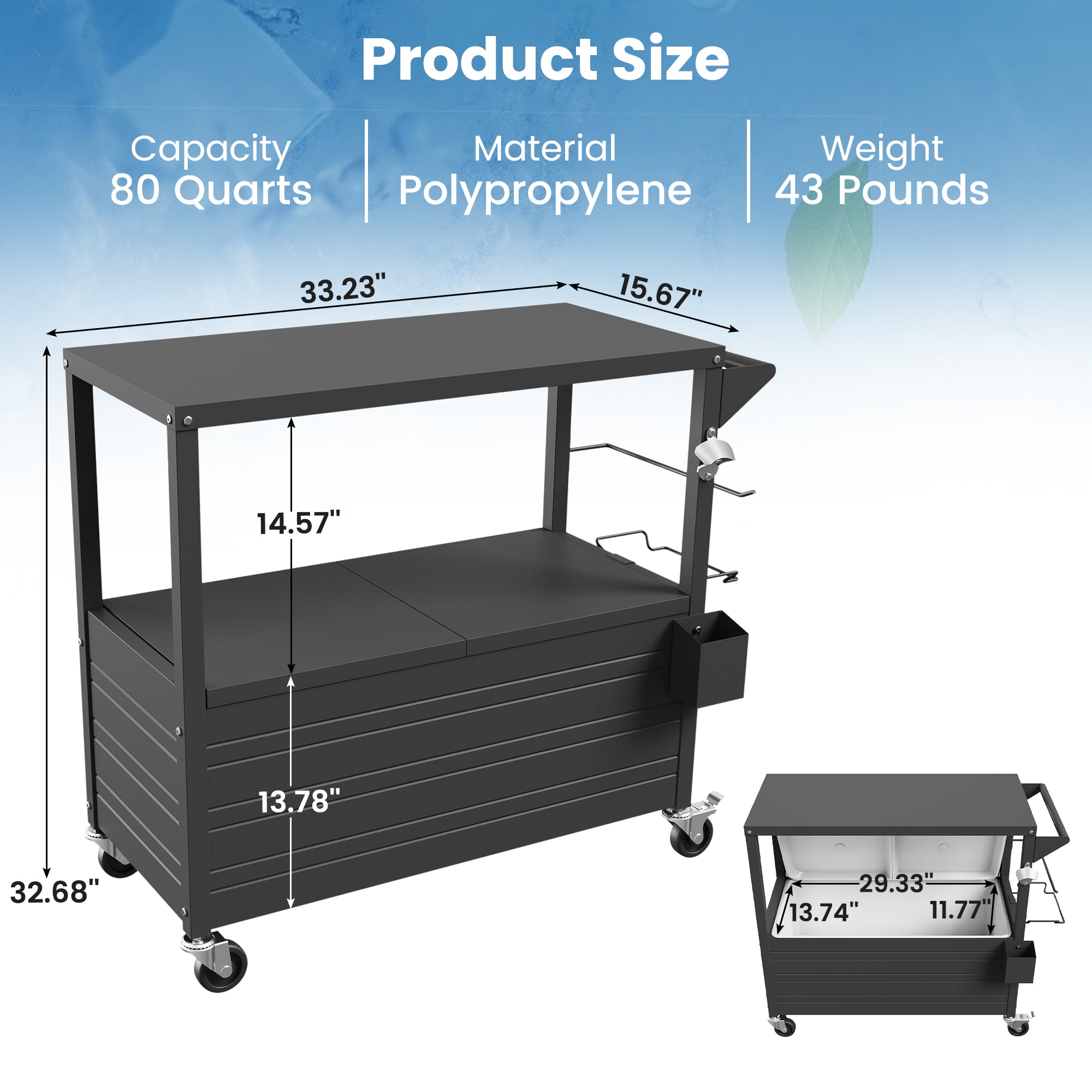 80 Quart Rolling Ice Chest with Top Table Patio Cooler Cart with 4 Wheels, Portable Outdoor Beverage Cooler with Drain Plug Weather Resistant for BBQ Party Pool Deck, Indoor & Outdoor Use