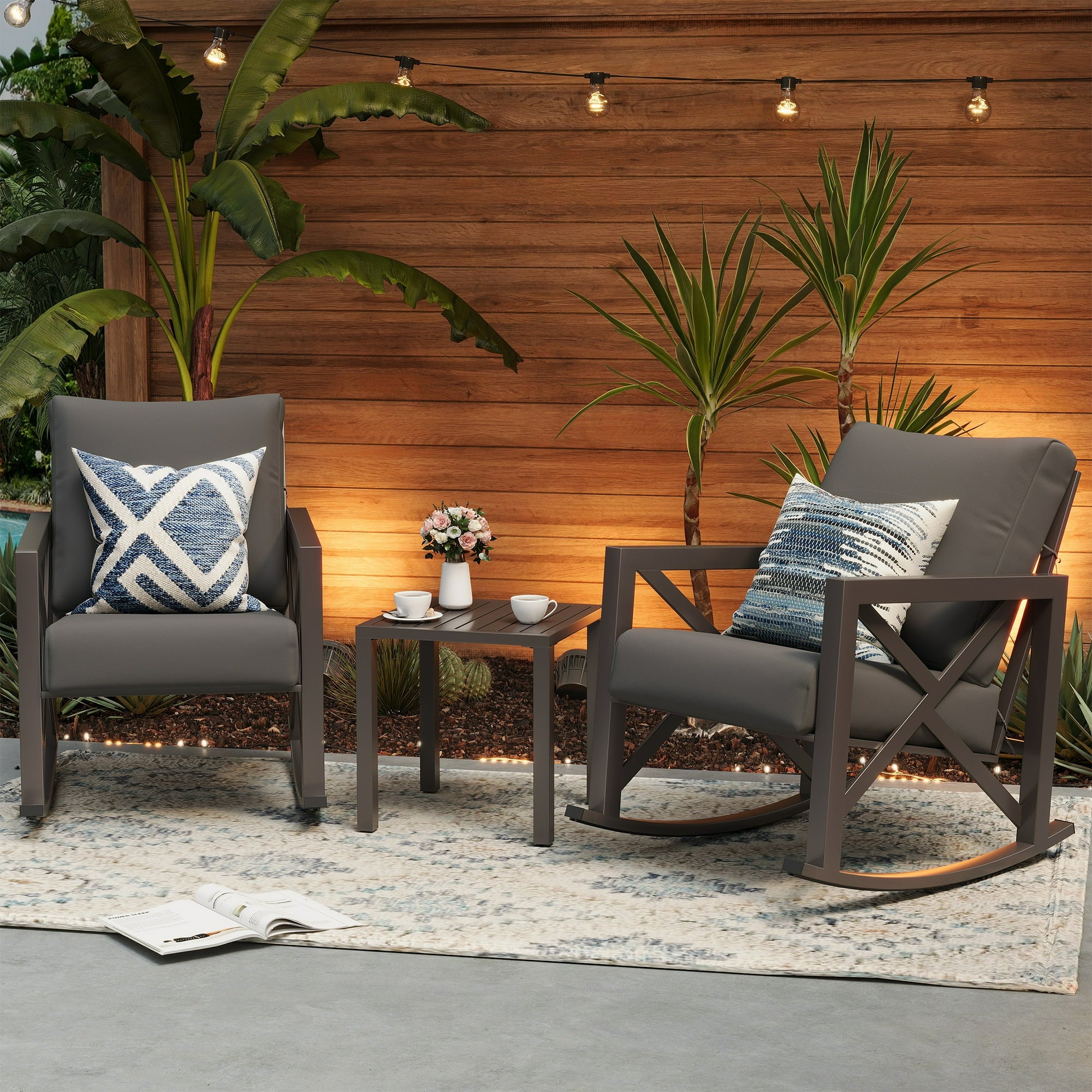 UDPATIO Rocking Chair Bistro Set, 3 Piece Outdoor Patio Furniture Set with 2 Rockers and 1 Metal Coffee Table with Thick Cushions for Porch, Backyard, Poolside, Grey