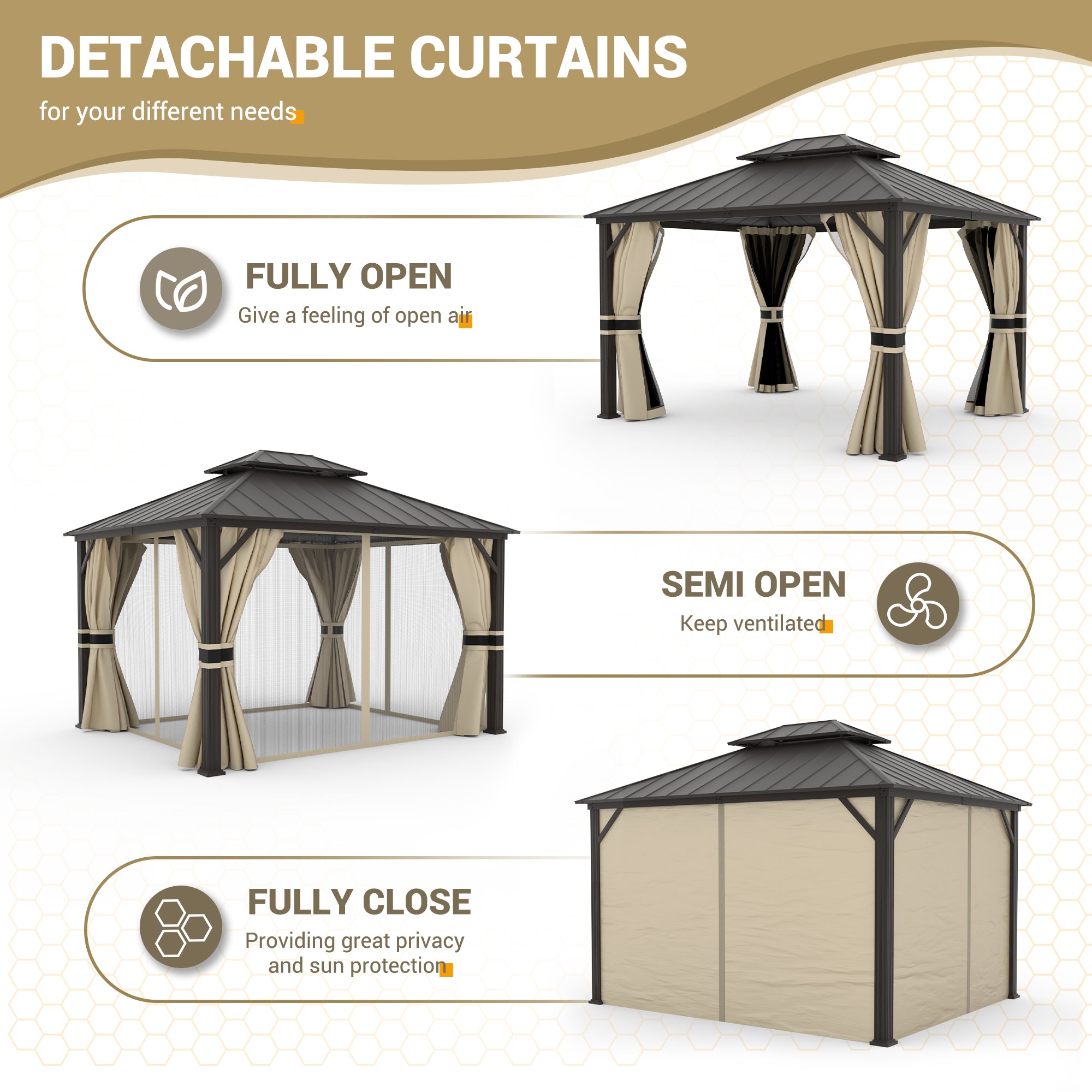UDPATIO 10' x 12' Hardtop Gazebo,Aluminum Frame Galvanized Steel Double Roof Permanent Gazebo, Outdoor Metal Gazebos with Mosquito Netting and Curtains for Garden, Parties, Patio, Deck, Lawns, Beige