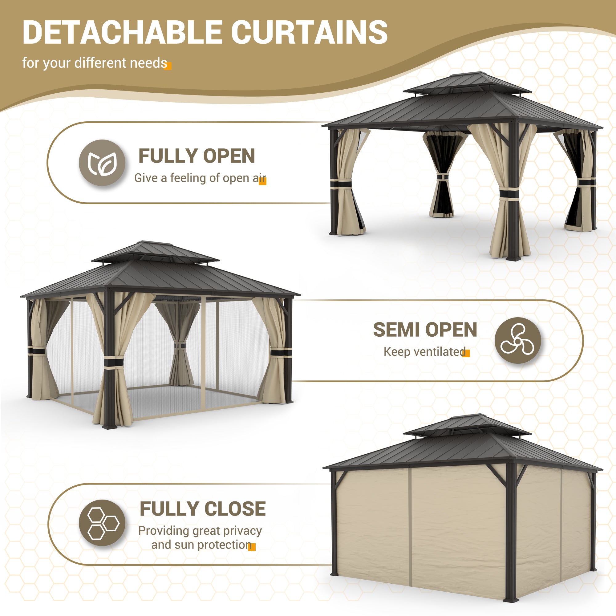 UDPATIO 12' x 14' Hardtop Gazebo,Aluminum Frame Galvanized Steel Double Roof Permanent Gazebo, Outdoor Metal Gazebos with Mosquito Netting and Curtains for Garden, Parties, Patio, Deck, Lawns, Beige