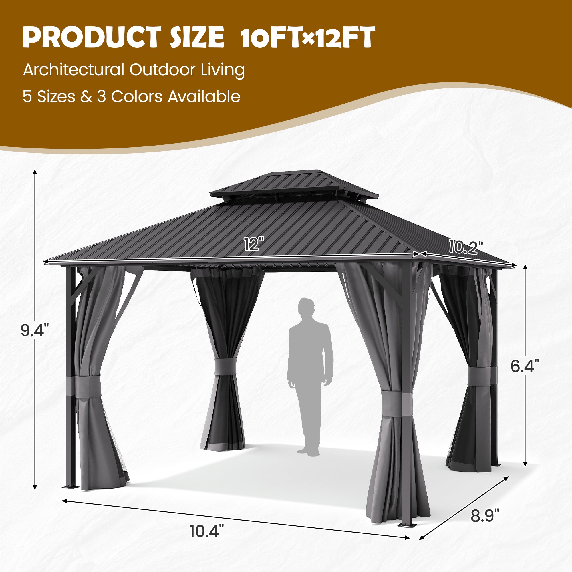 UDPATIO 10'x12' Hardtop Gazebo, Metal Gazebo with Galvanized Steel Double Roof, Permanent Patio Pavilion for Dining Parties, Grey
