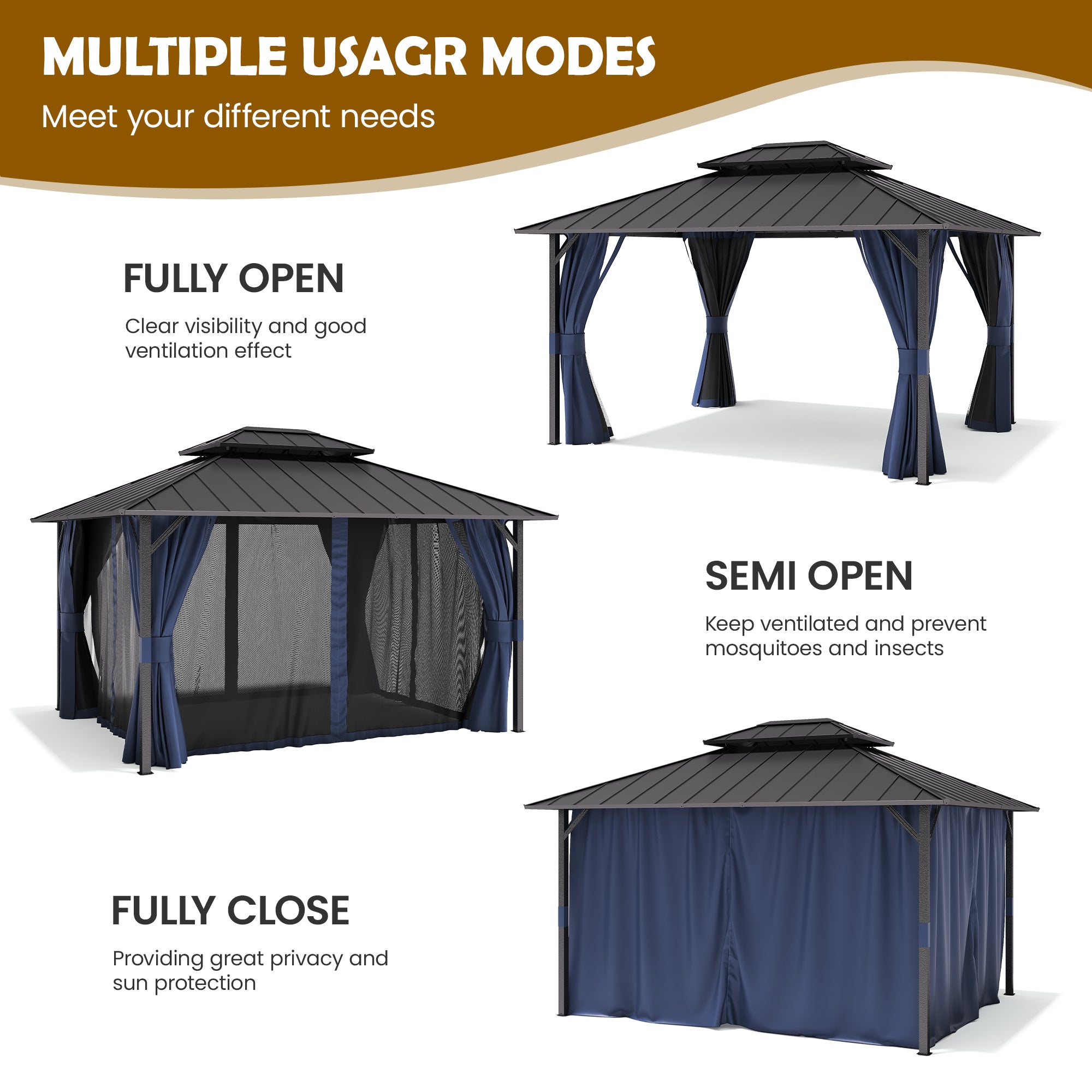 UDPATIO 12'x14' Hardtop Gazebo, Permanent Patio Pavilion with Breathable Netting and Privacy Curtain for Dining Party, Navy Blue