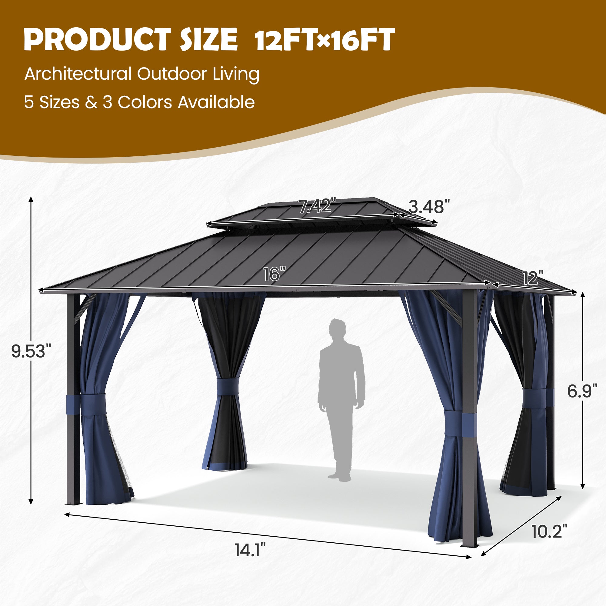 UDPATIO 12'x16' Permanent Hardtop Gazebo with Galvanized Steel Double Roof for Patio Backyard Garden, Curtains and Netting Included, Navy Bue