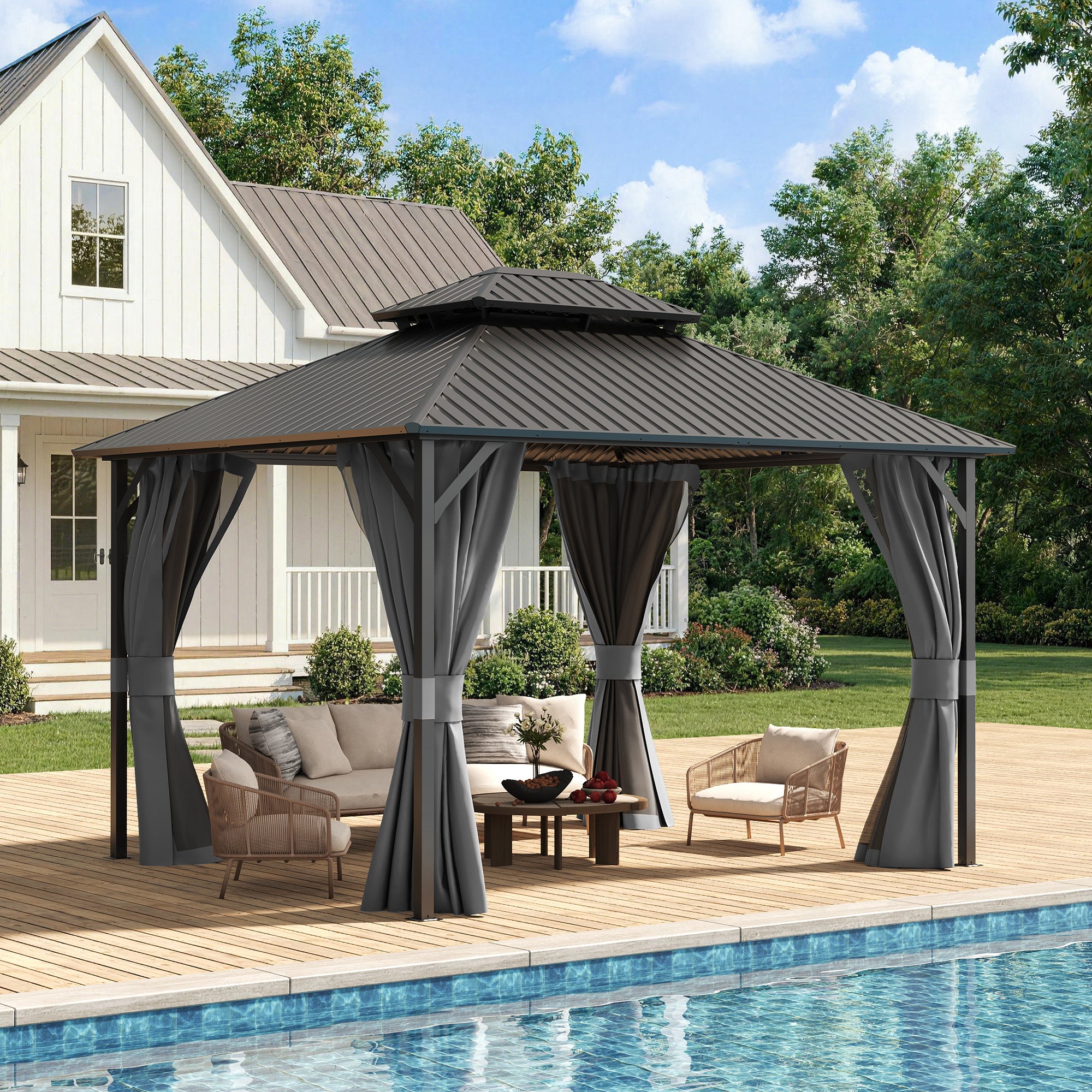 UDPATIO 10'x12' Hardtop Gazebo, Metal Gazebo with Galvanized Steel Double Roof, Permanent Patio Pavilion for Dining Parties, Grey