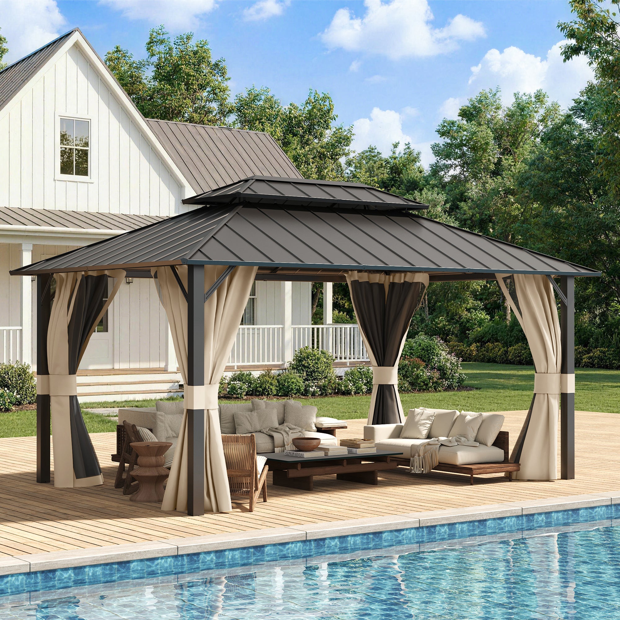 UDPATIO 12'x16' Permanent Hardtop Gazebo with Galvanized Steel Double Roof for Patio Backyard Garden, Curtains and Netting Included, Beige