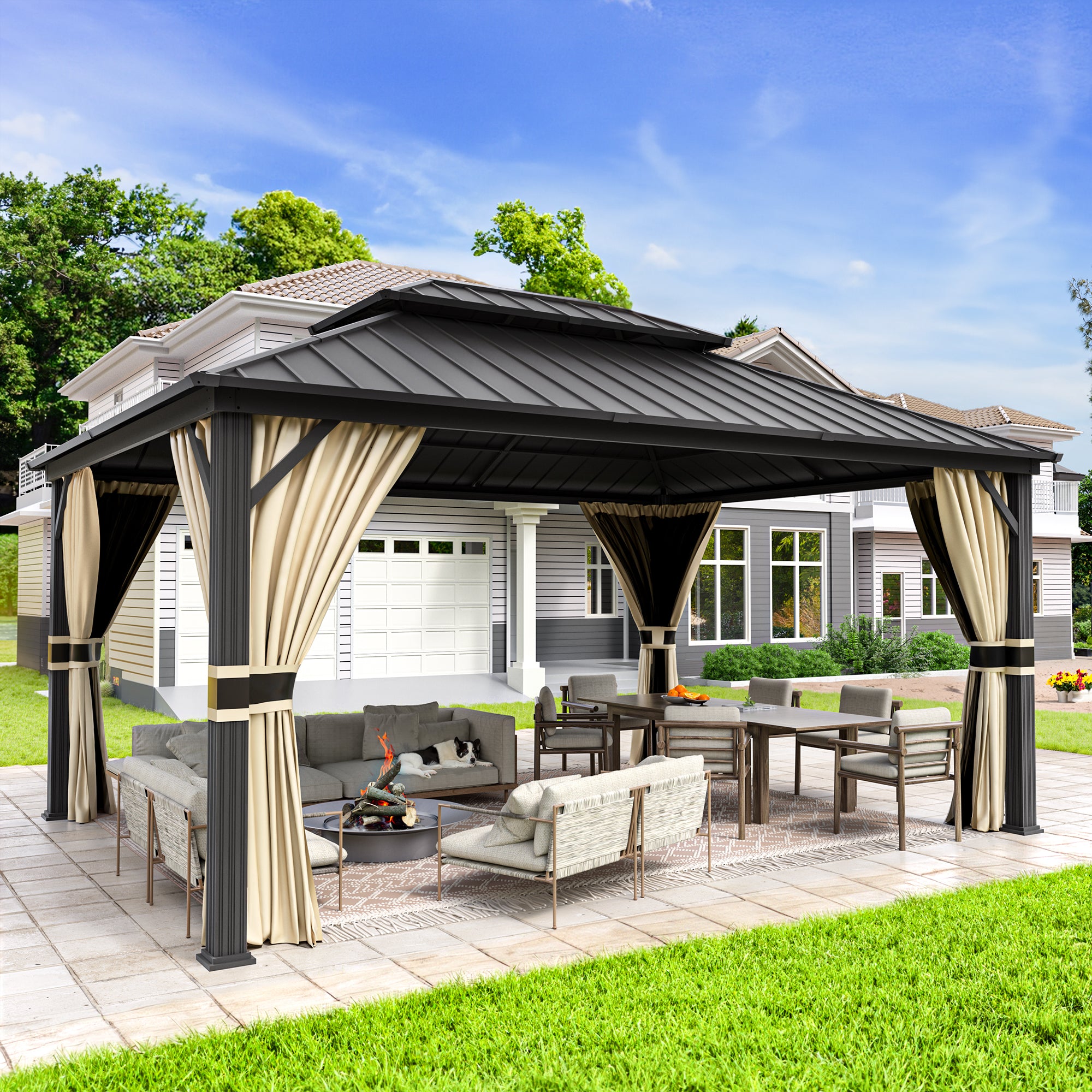UDPATIO 12' x 16' Hardtop Gazebo,Aluminum Frame Galvanized Steel Double Roof Permanent Gazebo, Outdoor Metal Gazebos with Mosquito Netting and Curtains for Garden, Parties, Patio, Deck, Lawns, Beige