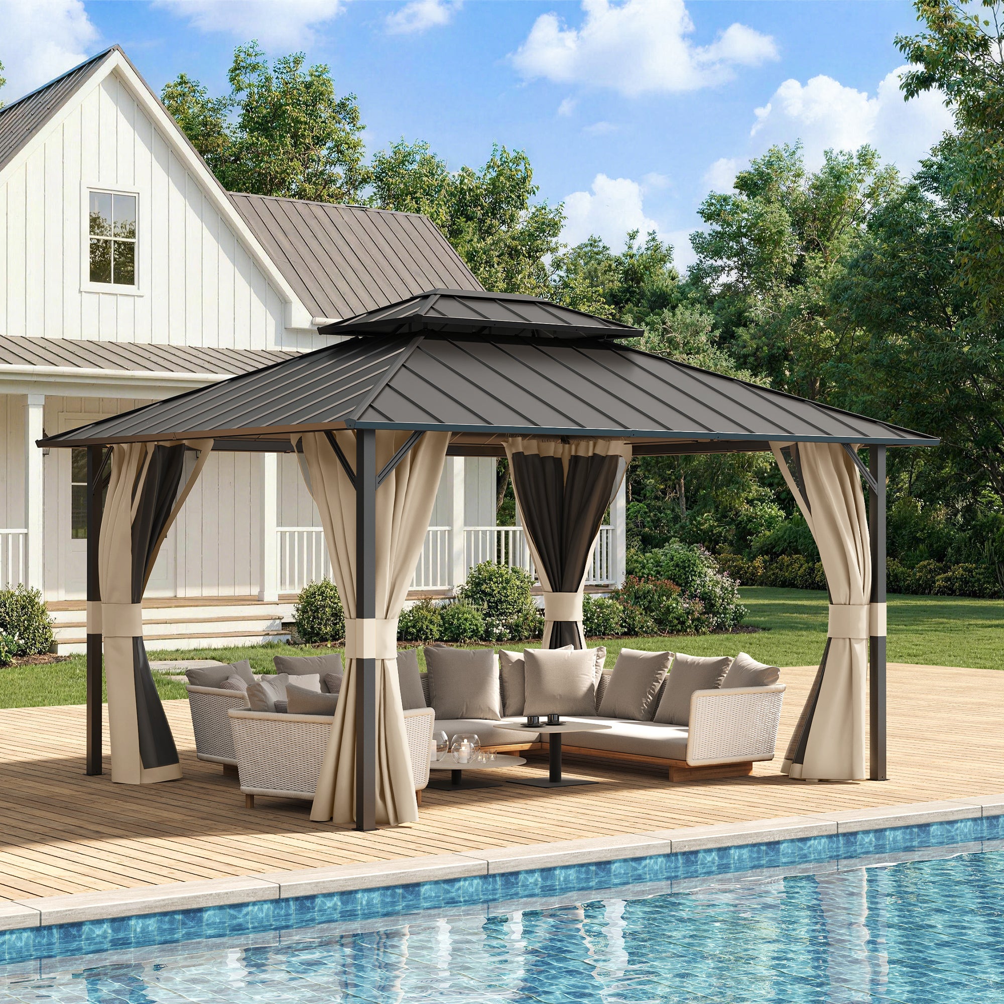 UDPATIO 12'x14' Hardtop Gazebo, Permanent Patio Pavilion with Breathable Netting and Privacy Curtain for Dining Party, Beige