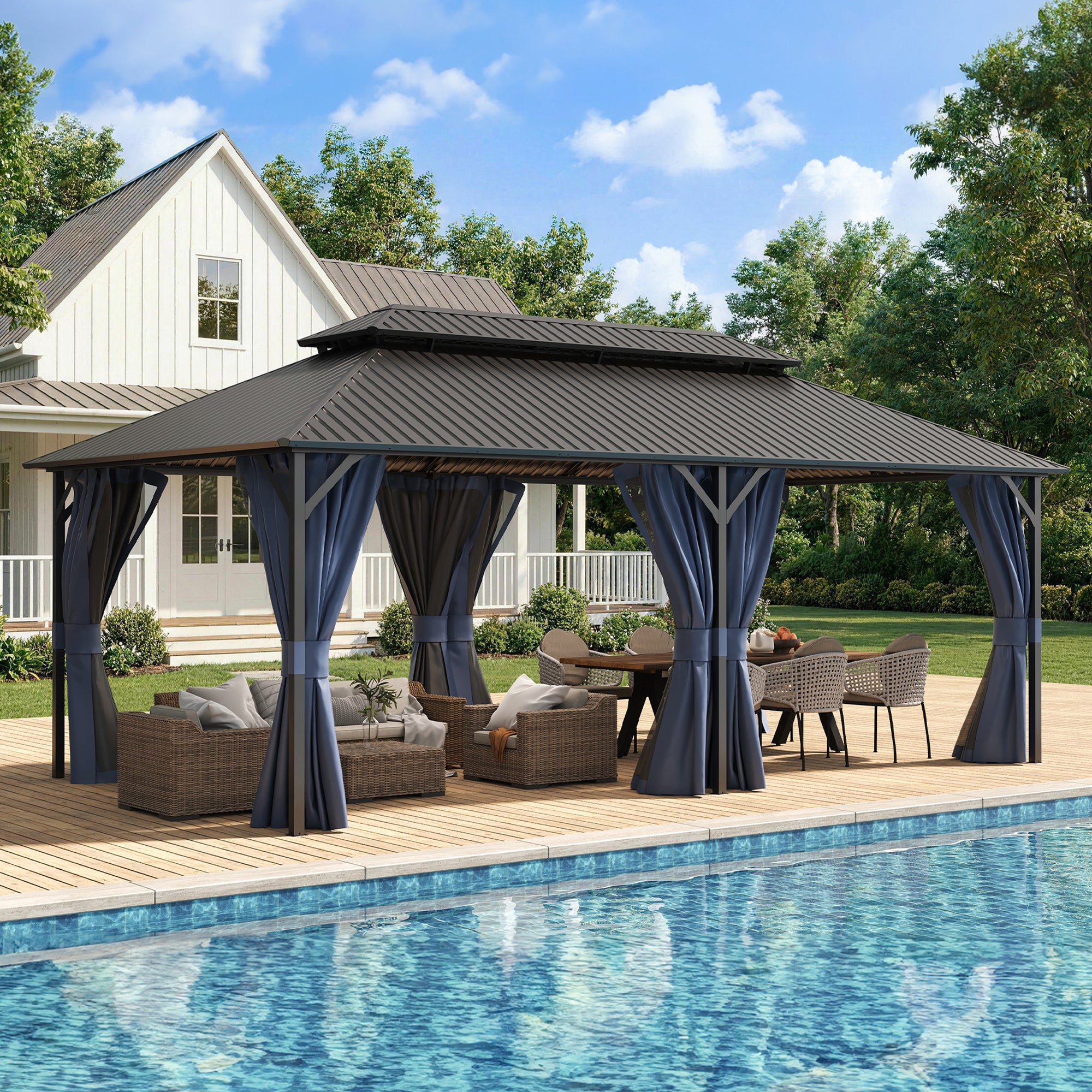 UDPATIO 12'x20' Hardtop Gazebo, Permanent Pavilion for Lawn, Navy Blue