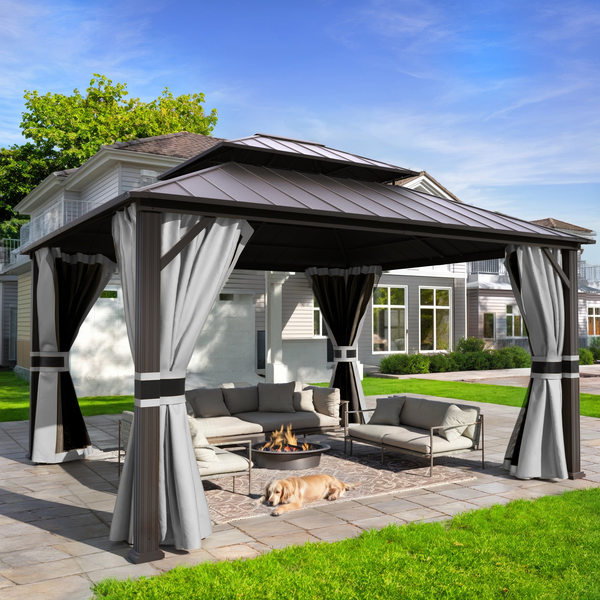 UDPATIO 12' x 14' Hardtop Gazebo,Aluminum Frame Galvanized Steel Double Roof Permanent Gazebo, Outdoor Metal Gazebos with Mosquito Netting and Curtains for Garden, Parties, Patio, Deck, Lawns, Grey