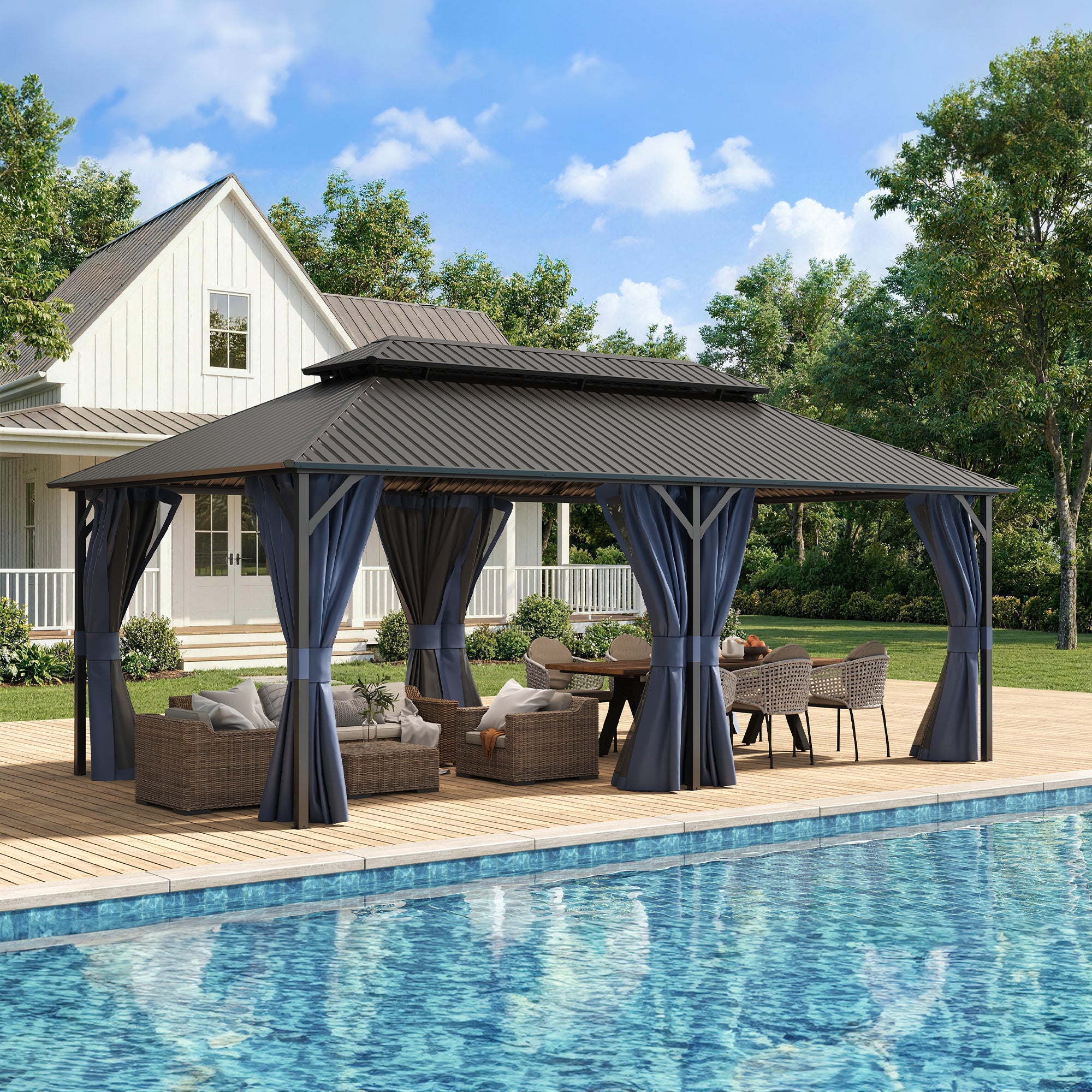 UDPATIO 12'x20' Hardtop Gazebo, Outdoor Metal Gazebo with Galvanized Steel Double Roof, Permanent Pavilion with Netting and Curtains for Lawn, Garden, Patio, Navy Blue
