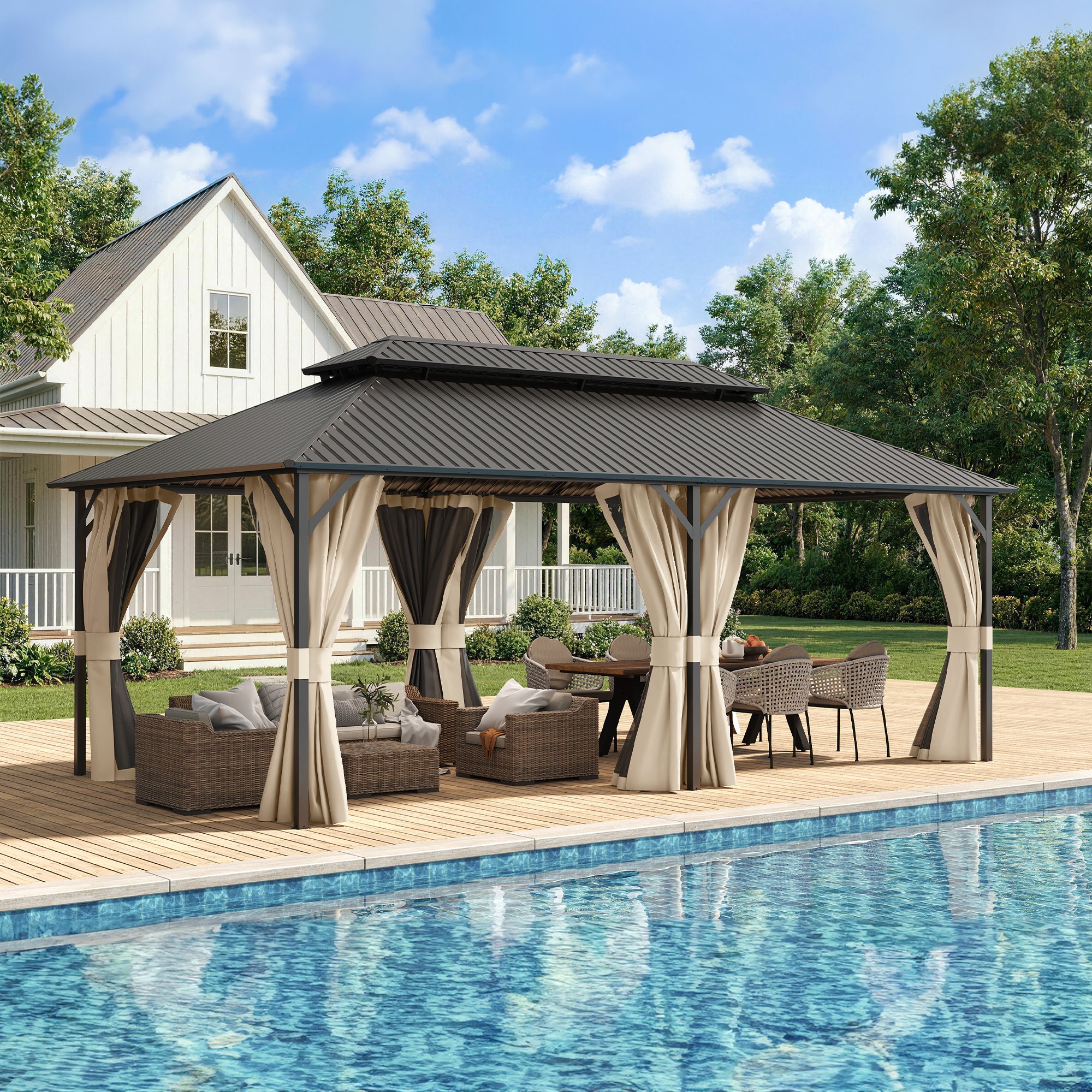 UDPATIO 12'x20' Hardtop Gazebo, Outdoor Metal Gazebo with Galvanized Steel Double Roof, Permanent Pavilion with Netting and Curtains for Lawn, Garden, Patio, Beige