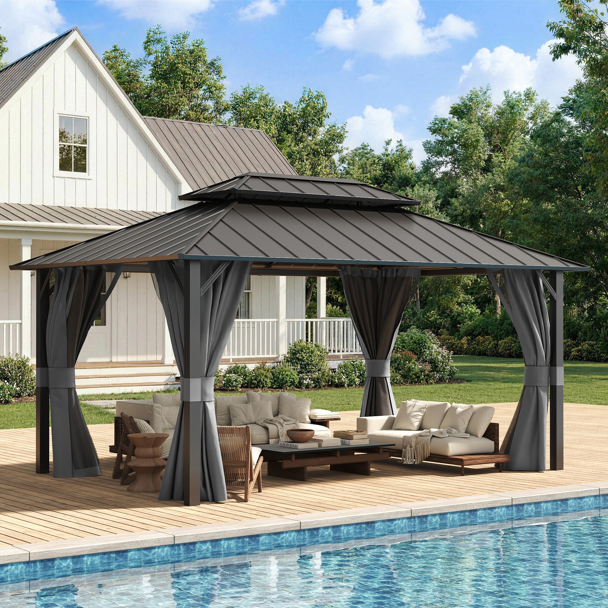 UDPATIO 12'x16' Permanent Hardtop Gazebo with Galvanized Steel Double Roof for Patio Backyard Garden, Curtains and Netting Included, Grey