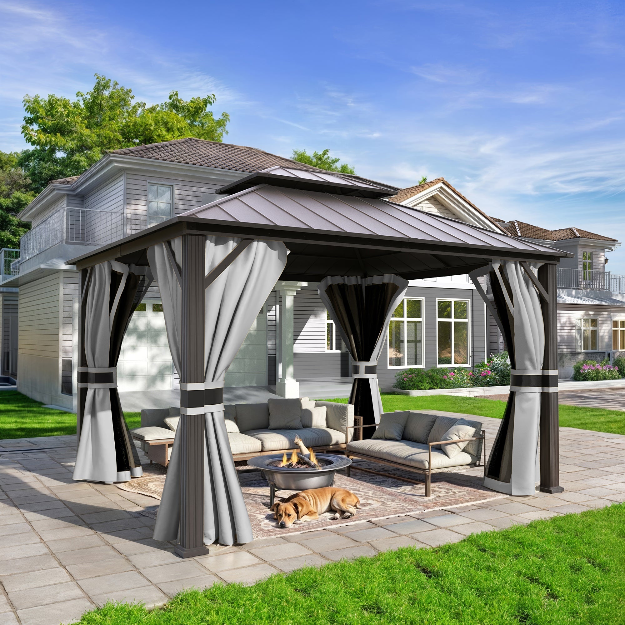 UDPATIO 10' x 12' Hardtop Gazebo,Aluminum Frame Galvanized Steel Double Roof Permanent Gazebo, Outdoor Metal Gazebos with Mosquito Netting and Curtains for Garden, Parties, Patio, Deck, Lawns, Grey
