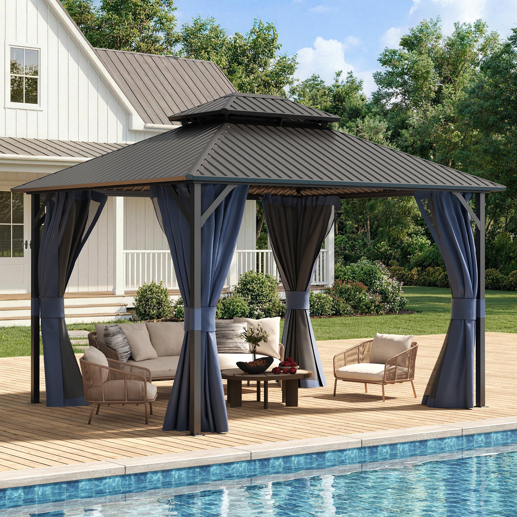 UDPATIO 10'x12' Hardtop Gazebo, Galvanized Steel Double Roof, Navy Blue