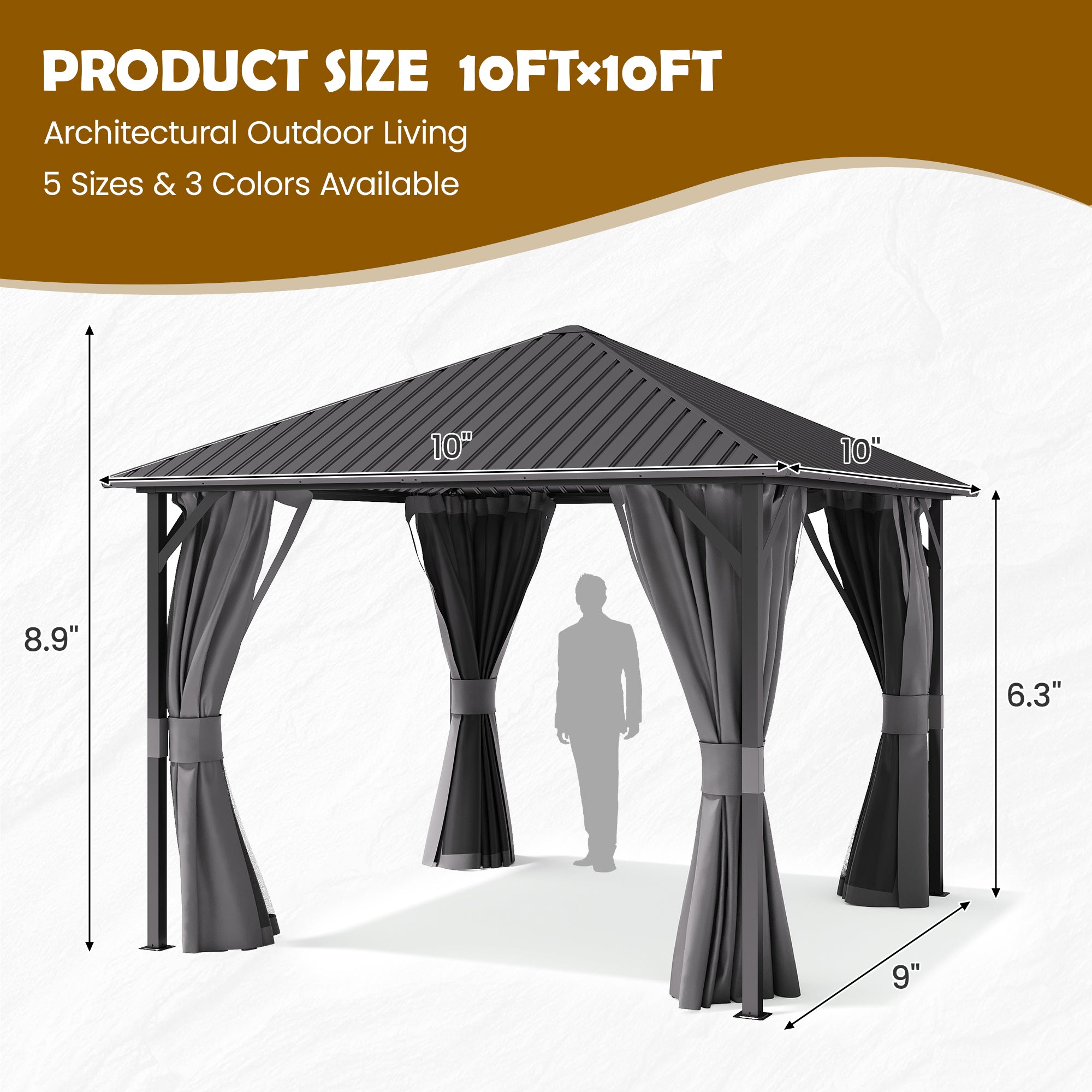 UDPATIO 10'x10' Hardtop Gazebo, Outdoor Gazebo with Galvanized Steel Roof, Weather-Resistant Patio Gazebo for Backyard, Garden, Grey