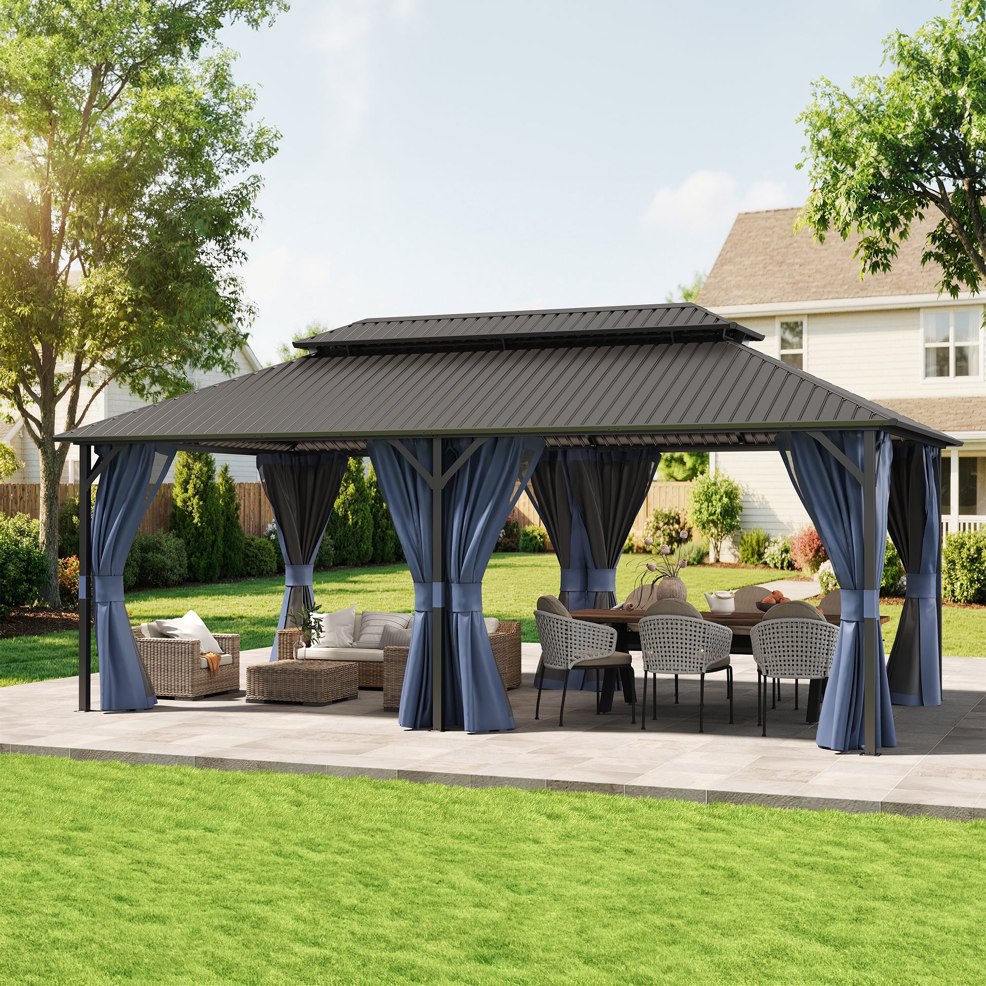 UDPATIO 12'x20' Hardtop Gazebo, Outdoor Metal Gazebo with Galvanized Steel Double Roof, Permanent Pavilion with Netting and Curtains for Lawn, Garden, Patio, Navy Blue