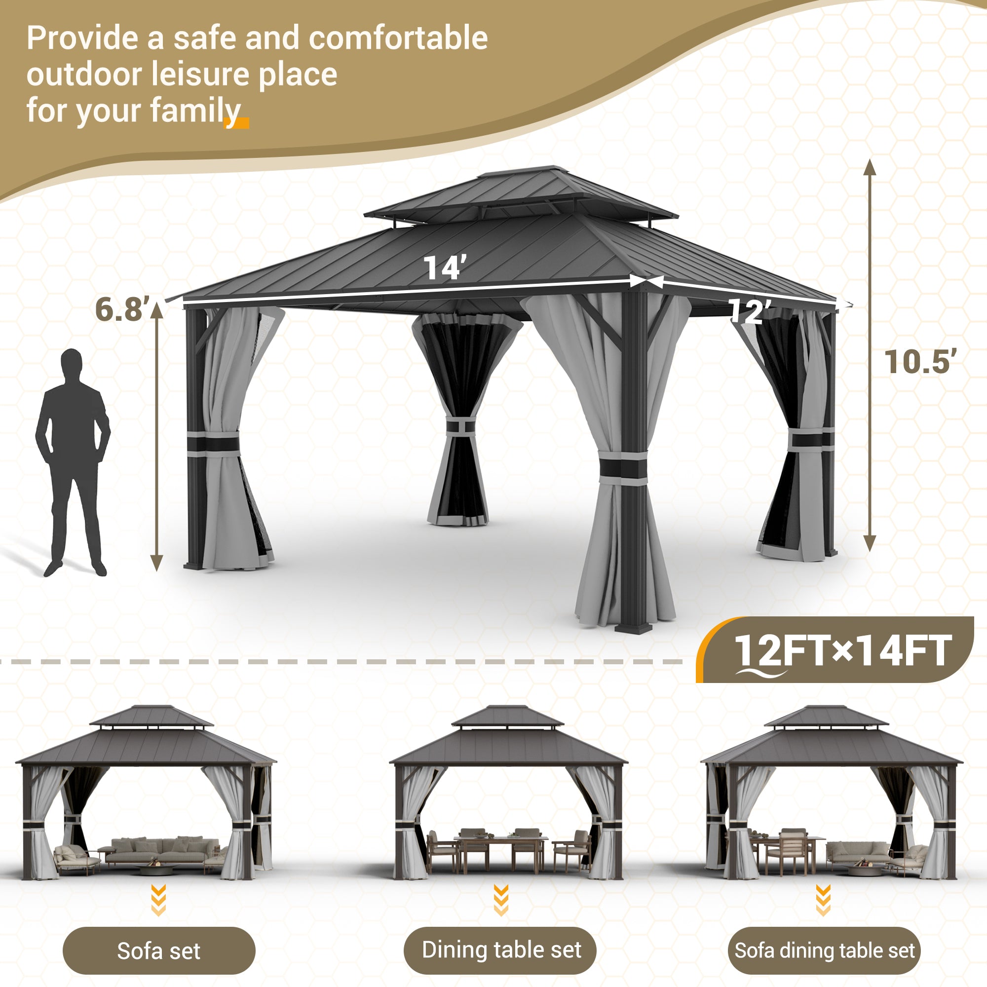 UDPATIO 12' x 14' Hardtop Gazebo,Aluminum Frame Galvanized Steel Double Roof Permanent Gazebo, Outdoor Metal Gazebos with Mosquito Netting and Curtains for Garden, Parties, Patio, Deck, Lawns, Grey