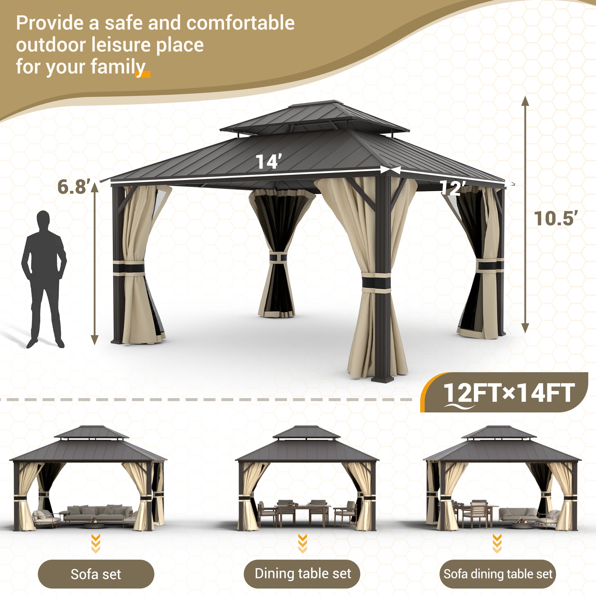 UDPATIO 12' x 14' Hardtop Gazebo,Aluminum Frame Galvanized Steel Double Roof Permanent Gazebo, Outdoor Metal Gazebos with Mosquito Netting and Curtains for Garden, Parties, Patio, Deck, Lawns, Beige