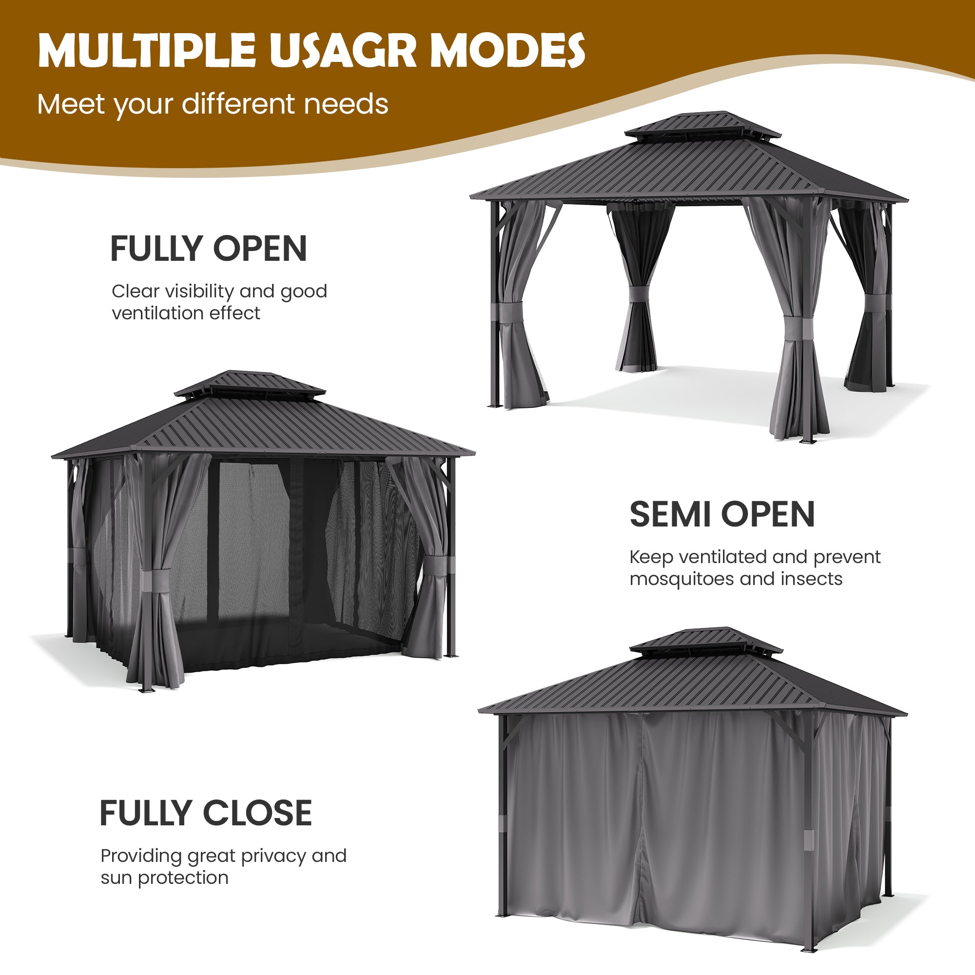 UDPATIO 10'x12' Hardtop Gazebo, Metal Gazebo with Galvanized Steel Double Roof, Permanent Patio Pavilion for Dining Parties, Grey