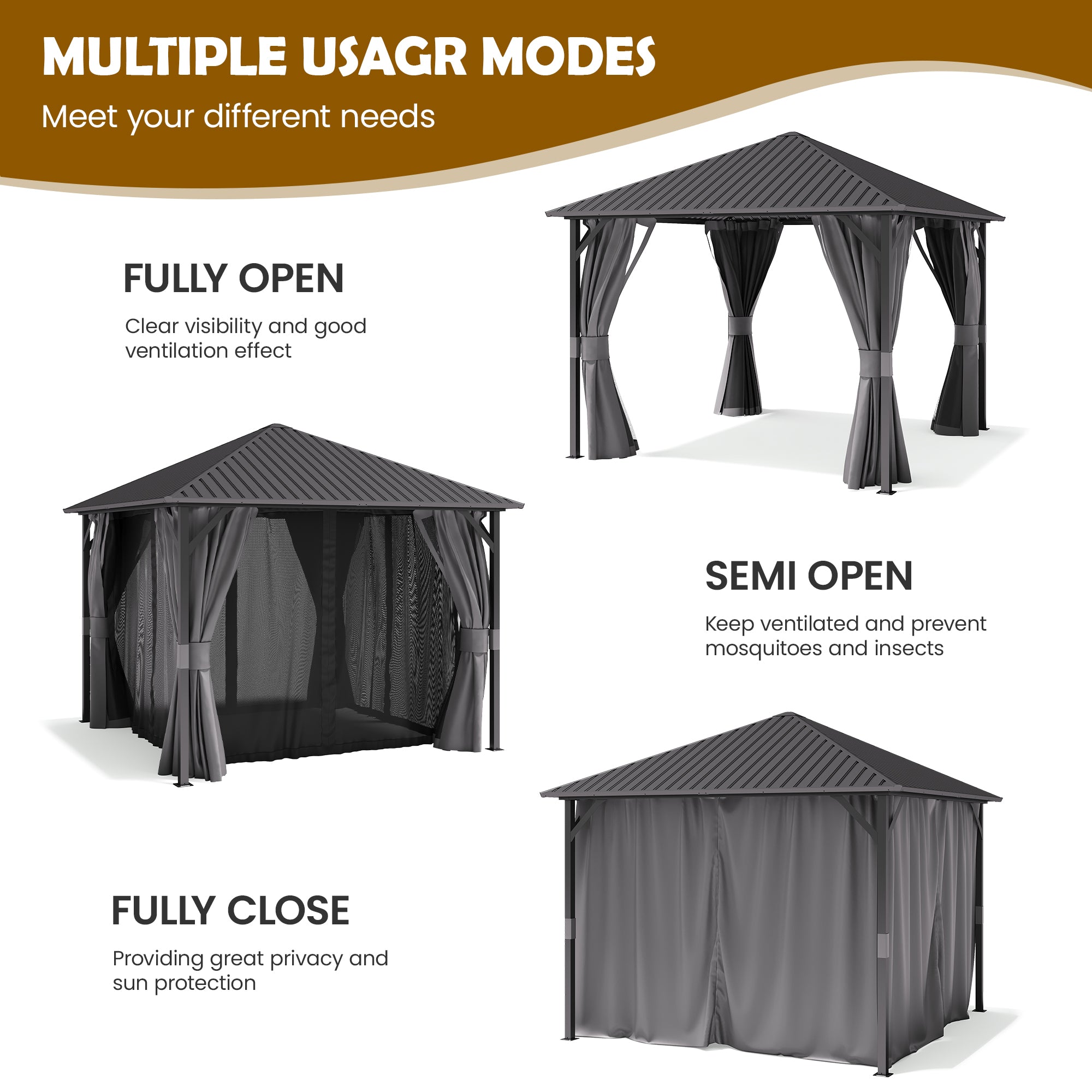 UDPATIO 10'x10' Hardtop Gazebo, Outdoor Gazebo with Galvanized Steel Roof, Weather-Resistant Patio Gazebo for Deck, Backyard, Garden, Grey
