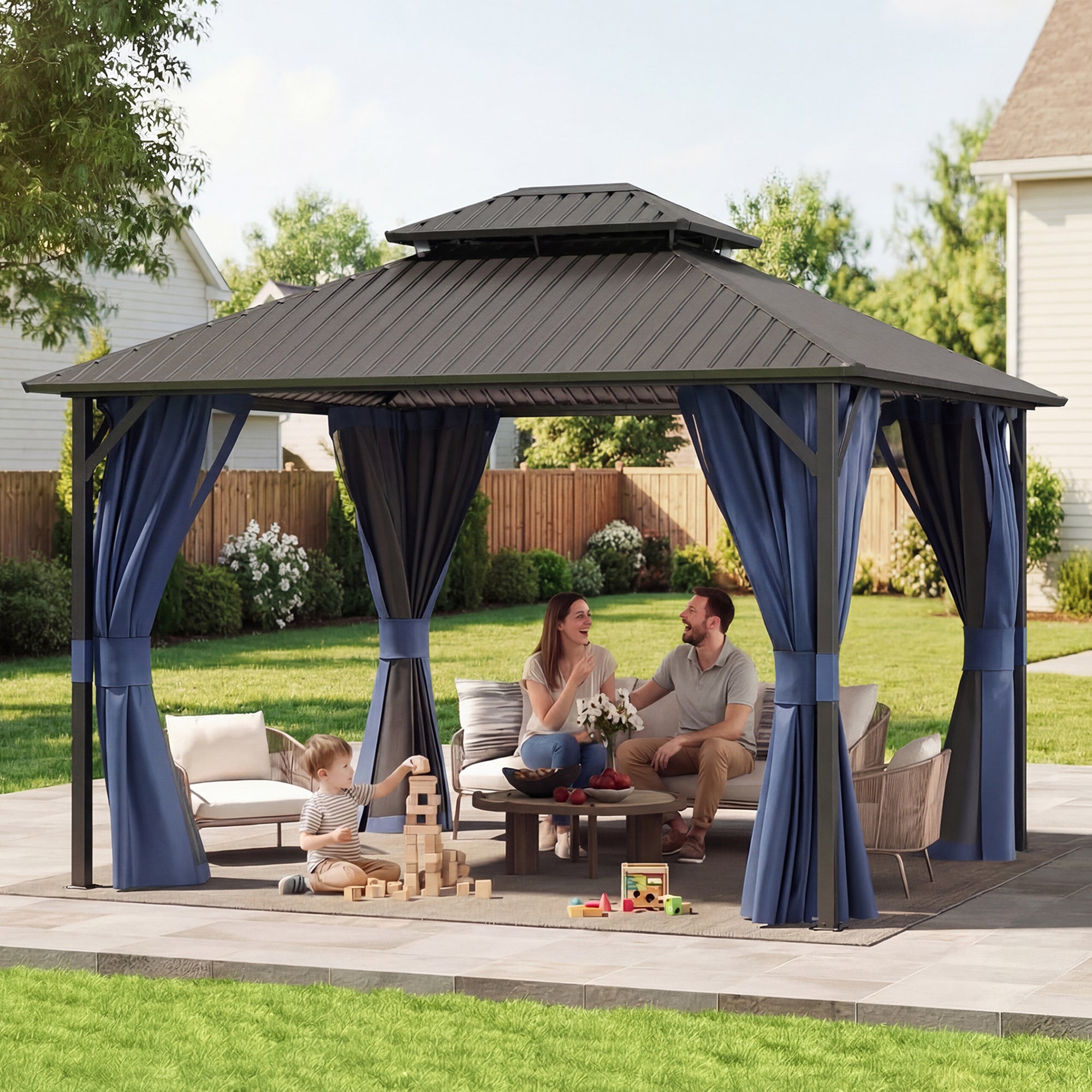 UDPATIO 10'x12' Hardtop Gazebo, Galvanized Steel Double Roof, Navy Blue