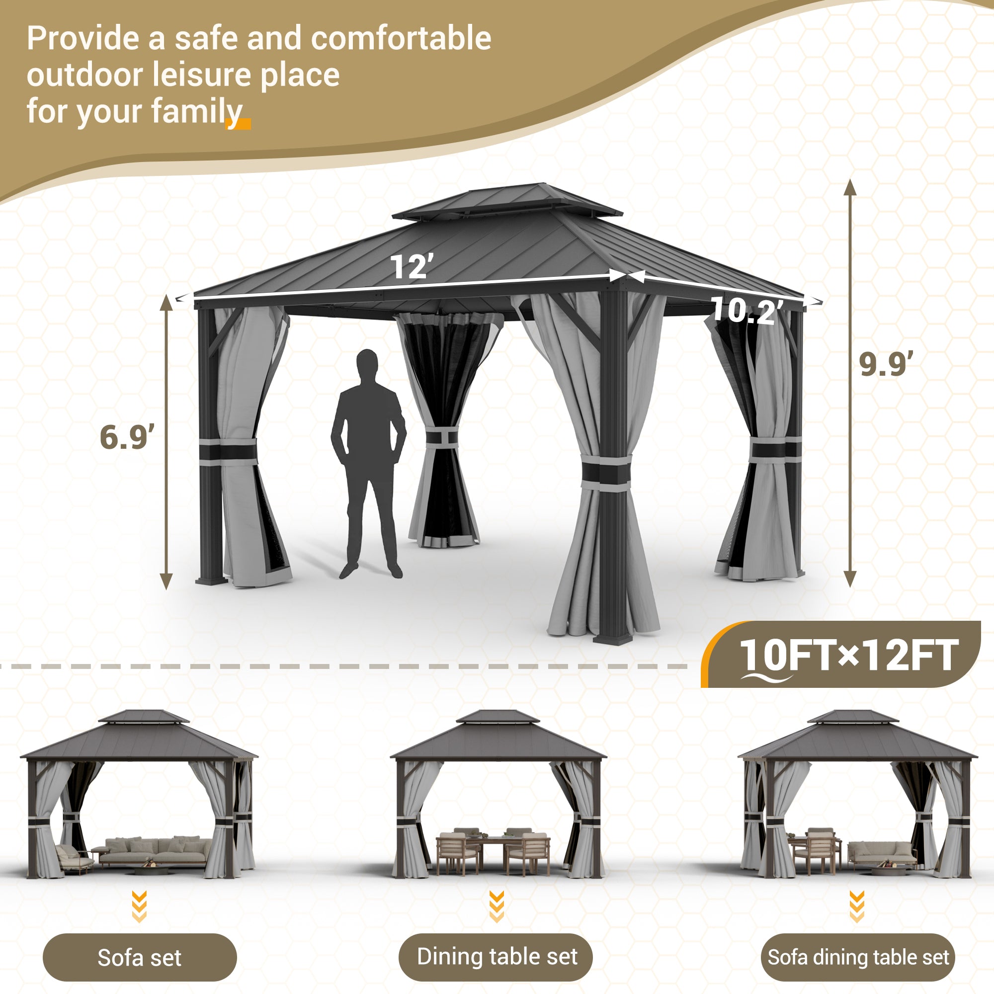 UDPATIO 10' x 12' Hardtop Gazebo,Aluminum Frame Galvanized Steel Double Roof Permanent Gazebo, Outdoor Metal Gazebos with Mosquito Netting and Curtains for Garden, Parties, Patio, Deck, Lawns, Grey