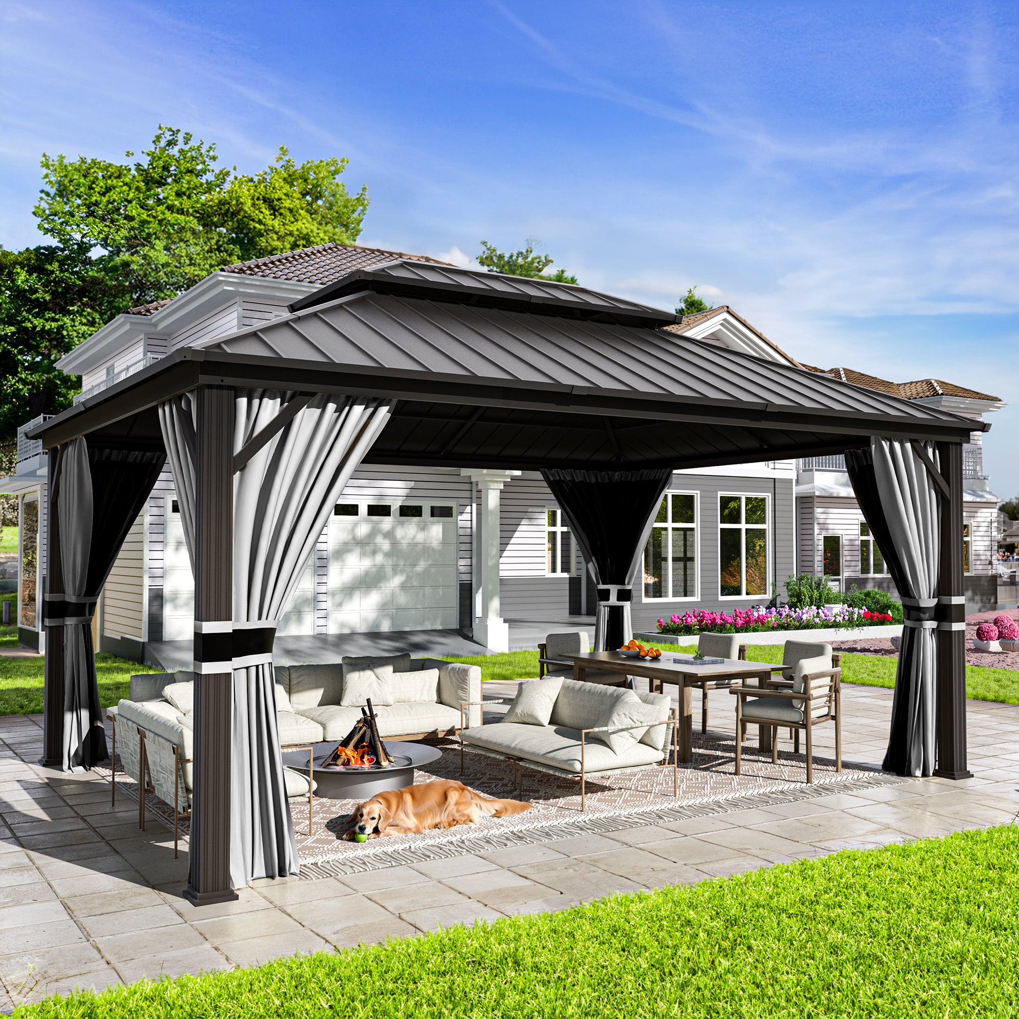 UDPATIO 12' x 16' Hardtop Gazebo,Aluminum Frame Galvanized Steel Double Roof Permanent Gazebo, Outdoor Metal Gazebos with Mosquito Netting and Curtains for Garden, Parties, Patio, Deck, Lawns, Grey