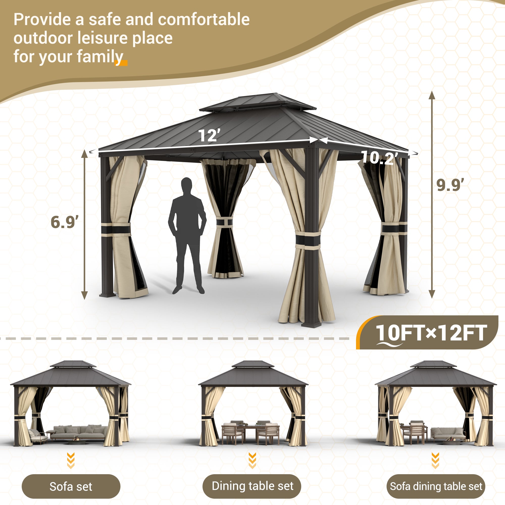 UDPATIO 10' x 12' Hardtop Gazebo,Aluminum Frame Galvanized Steel Double Roof Permanent Gazebo, Outdoor Metal Gazebos with Mosquito Netting and Curtains for Garden, Parties, Patio, Deck, Lawns, Beige