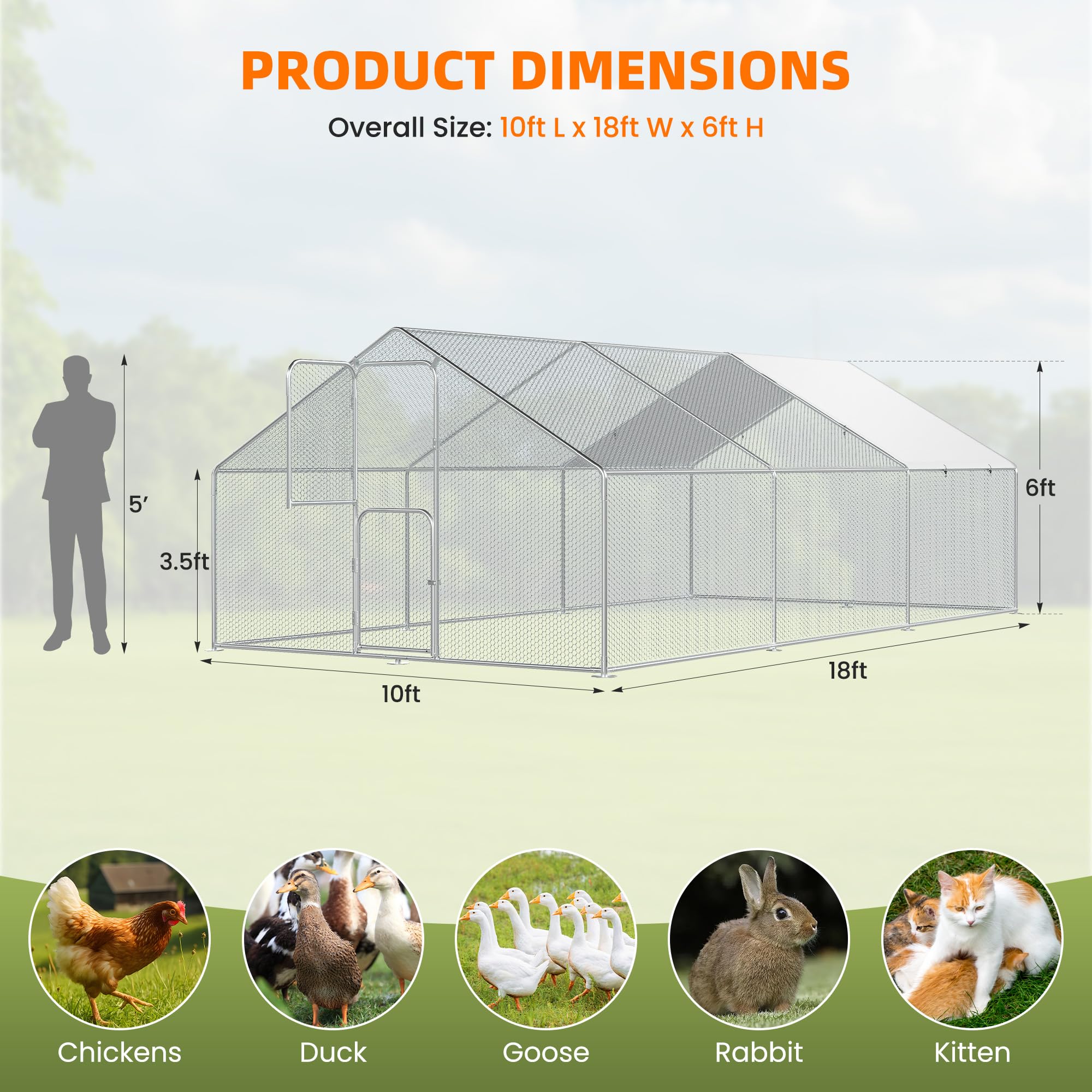 UDPATIO Large Metal Chicken Coop Walk in– Heavy Duty Outdoor Poultry Run with Protective Cover for Chickens, Ducks, or Rabbits | Predator-Proof & Weather-Resistant,18*10*6 FT