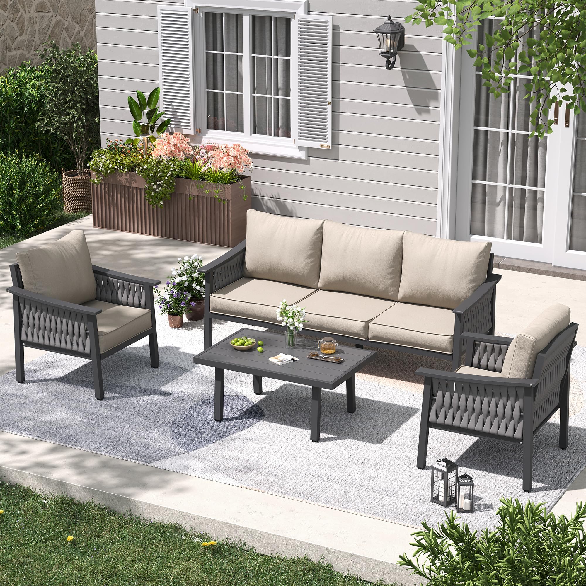 UDPATIO Aluminum Outdoor Patio Furniture Set with Coffee Table, 4-Piece Modern Patio Sectional Furniture Set, PE Rope Patiio Conversation Set with Thickend Cushions, for Porch/Backyard/Deck, Beige