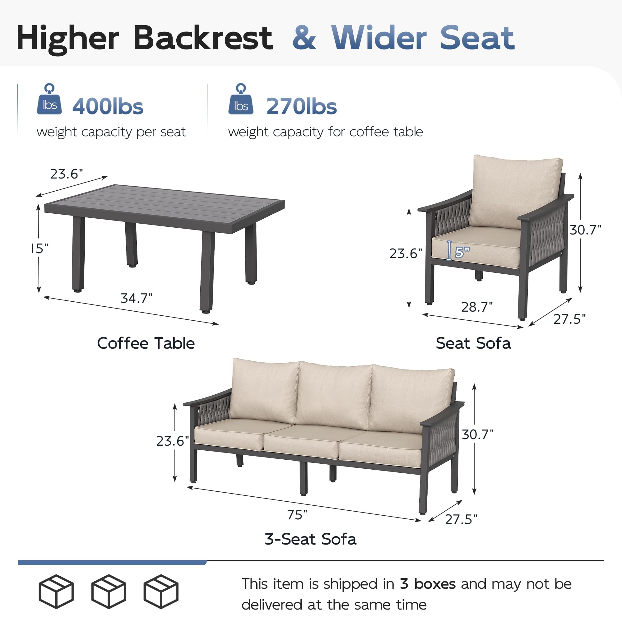 UDPATIO Aluminum Outdoor Patio Furniture Set with Coffee Table, 4-Piece Modern Patio Sectional Furniture Set, PE Rope Patiio Conversation Set with Thickend Cushions, for Porch/Backyard/Deck, Beige