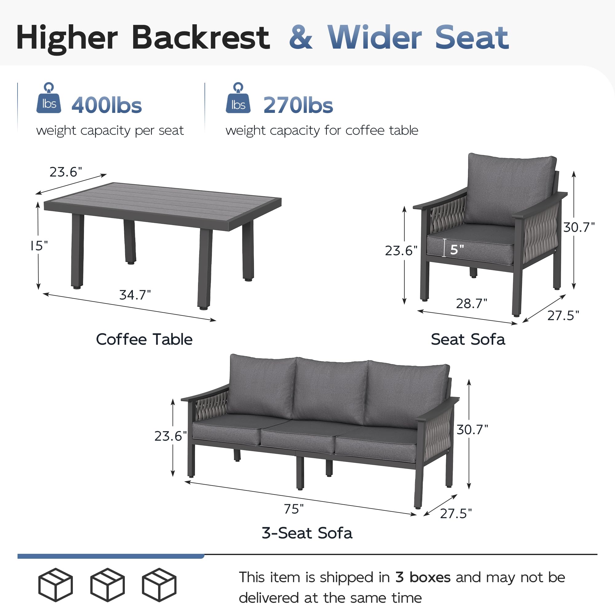UDPATIO Aluminum Outdoor Patio Furniture Set with Coffee Table, 4-Piece Modern Patio Sectional furniture set, PE Rope Patiio Conversation Set with Thickend Cushions, for Porch/Backyard/Deck, Dark Grey