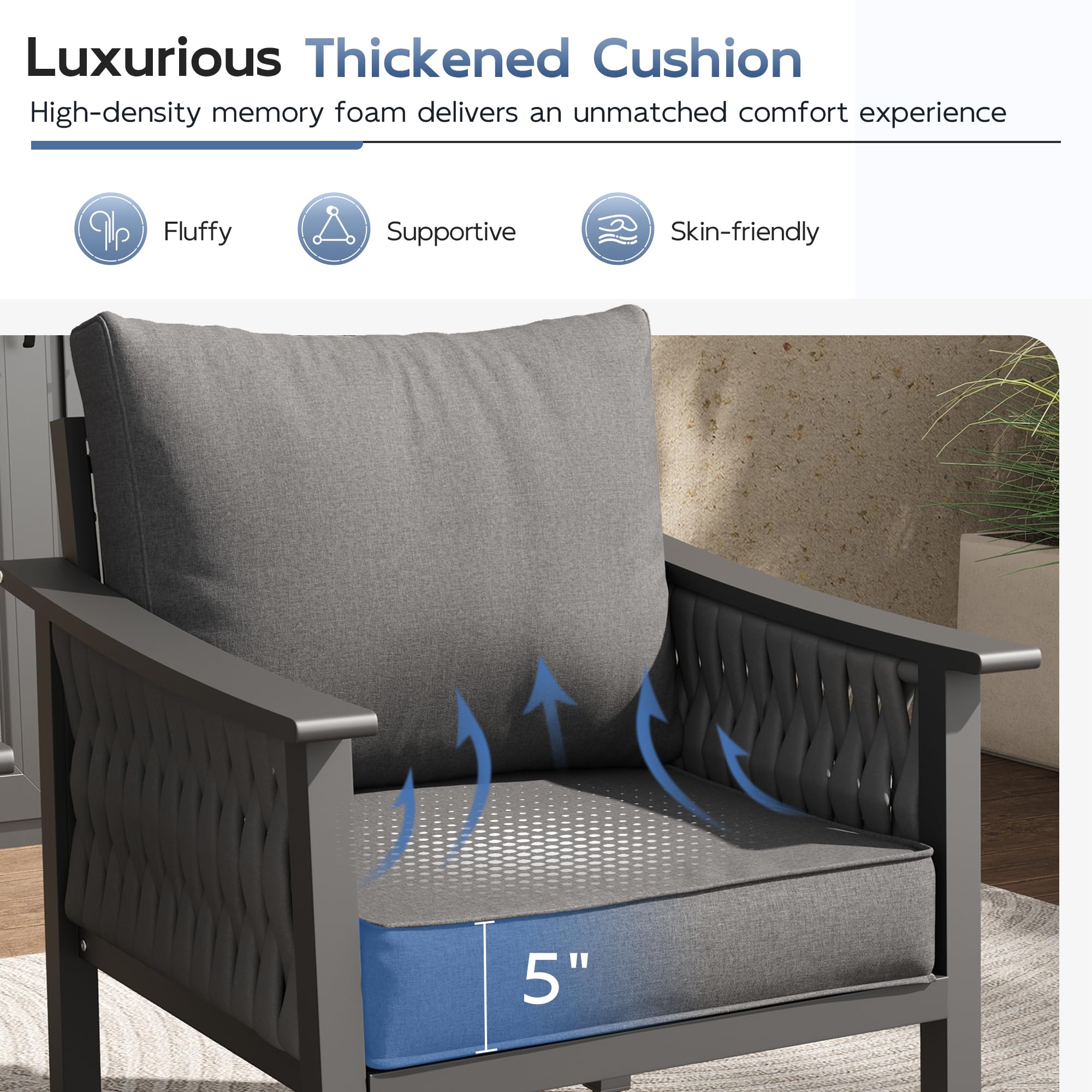 UDPATIO Aluminum Outdoor Patio Furniture Set with Coffee Table, 4-Piece Modern Patio Sectional furniture set, PE Rope Patiio Conversation Set with Thickend Cushions, for Porch/Backyard/Deck, Dark Grey