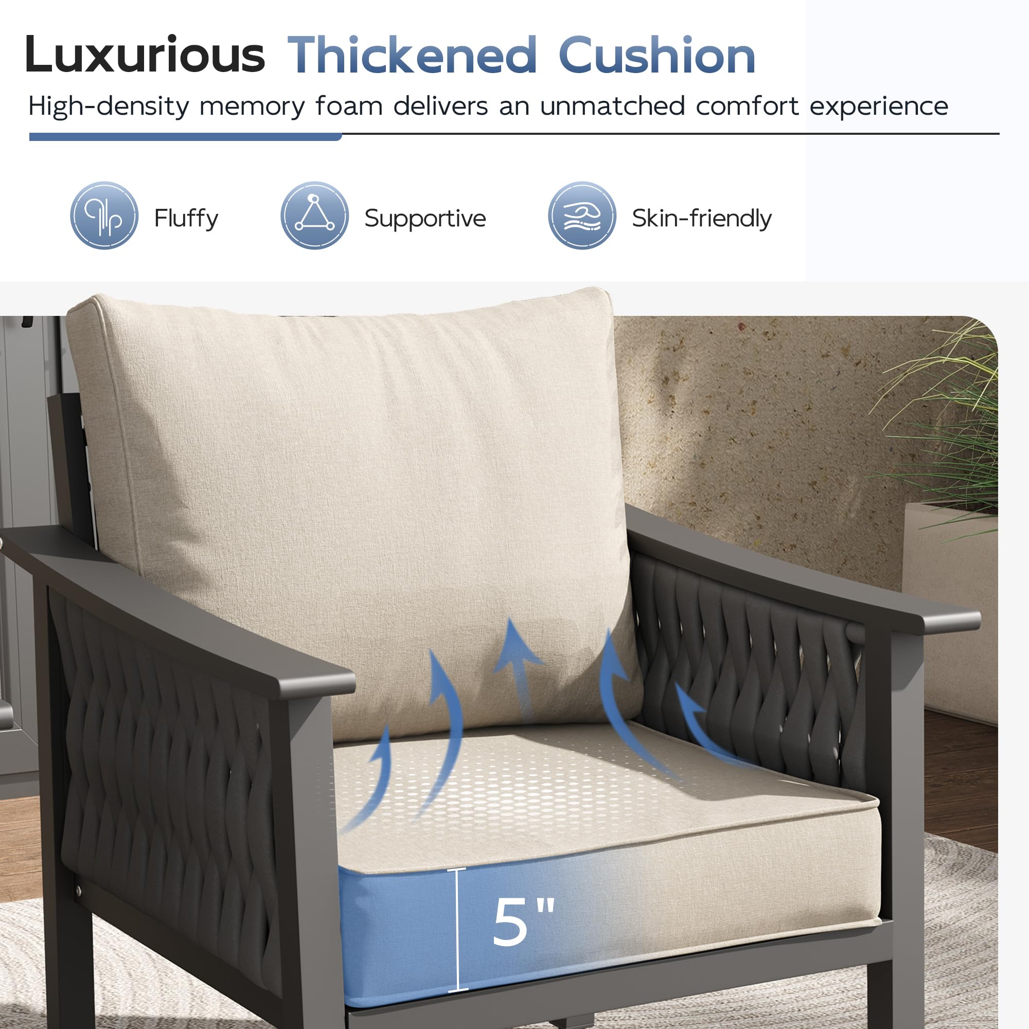 UDPATIO Aluminum Outdoor Patio Furniture Set with Coffee Table, 4-Piece Modern Patio Sectional Furniture Set, PE Rope Patiio Conversation Set with Thickend Cushions, for Porch/Backyard/Deck, Beige