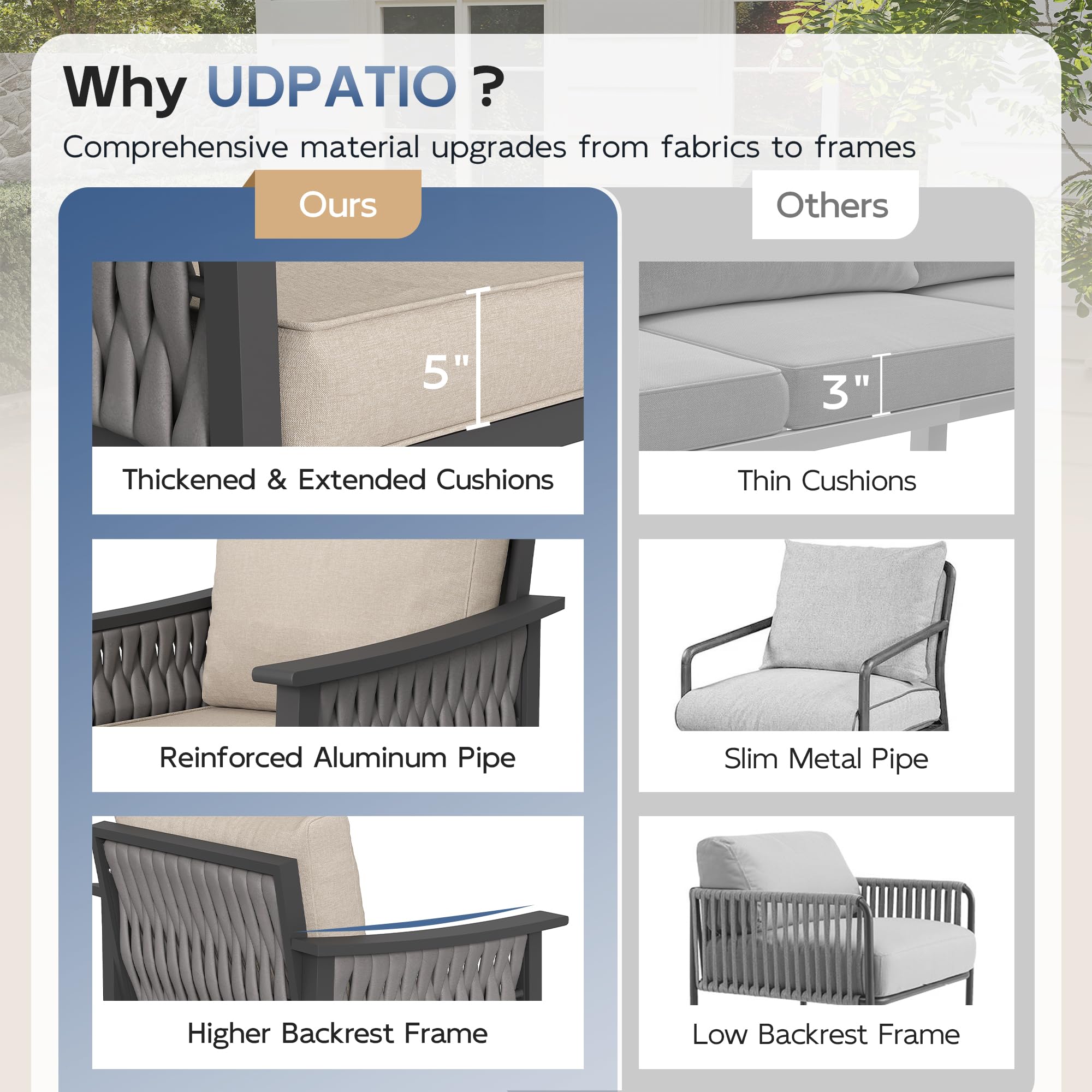 UDPATIO Aluminum Outdoor Patio Furniture Set with Coffee Table, 4-Piece Modern Patio Sectional Furniture Set, PE Rope Patiio Conversation Set with Thickend Cushions, for Porch/Backyard/Deck, Beige