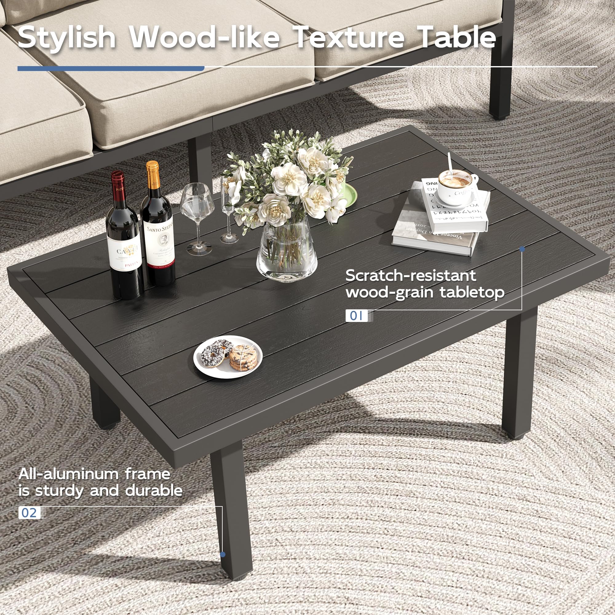 UDPATIO Aluminum Outdoor Patio Furniture Set with Coffee Table, 4-Piece Modern Patio Sectional Furniture Set, PE Rope Patiio Conversation Set with Thickend Cushions, for Porch/Backyard/Deck, Beige