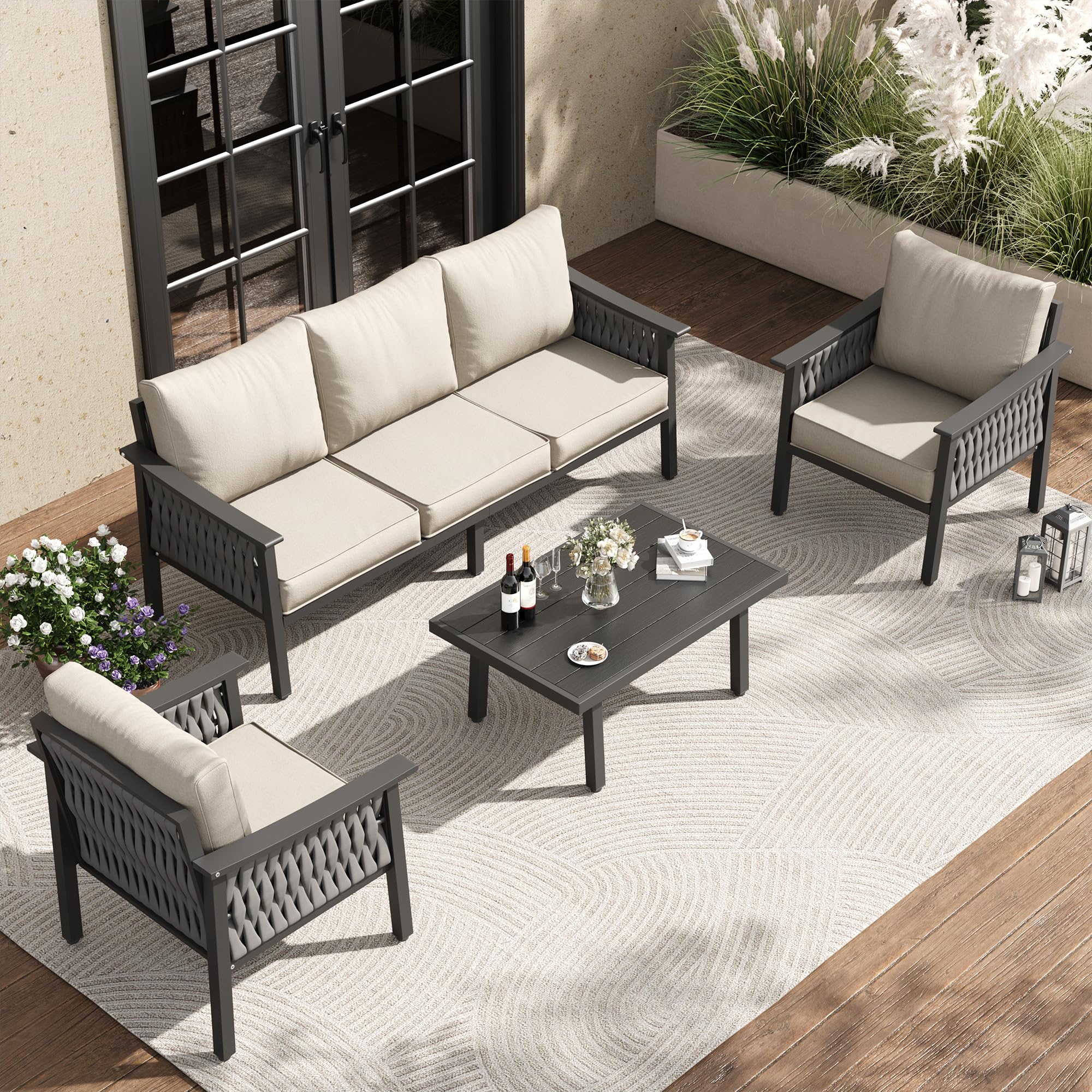 UDPATIO Aluminum Outdoor Patio Furniture Set with Coffee Table, 4-Piece Modern Patio Sectional Furniture Set, PE Rope Patiio Conversation Set with Thickend Cushions, for Porch/Backyard/Deck, Beige