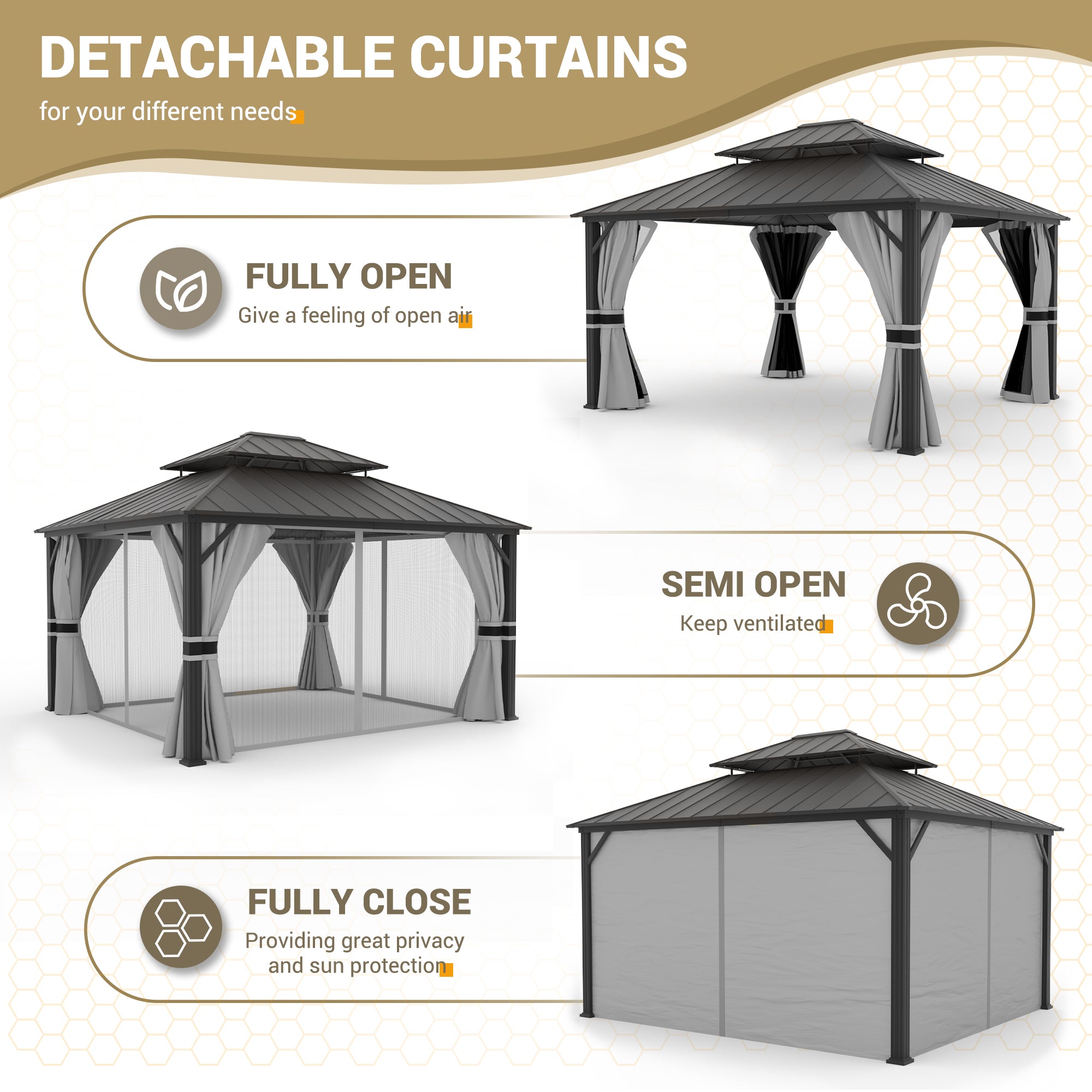 UDPATIO 12' x 14' Hardtop Gazebo,Aluminum Frame Galvanized Steel Double Roof Permanent Gazebo, Outdoor Metal Gazebos with Mosquito Netting and Curtains for Garden, Parties, Patio, Deck, Lawns, Grey