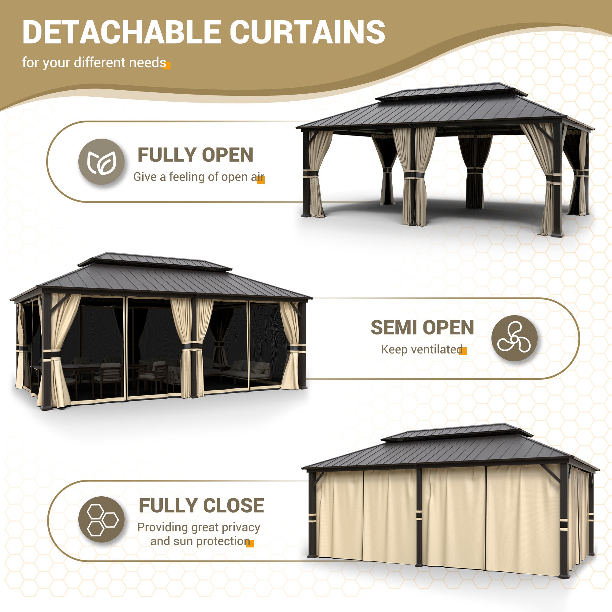 UDPATIO 12' x 20' Hardtop Gazebo,Aluminum Frame Galvanized Steel Double Roof Permanent Gazebo, Outdoor Metal Gazebos with Mosquito Netting and Curtains for Garden, Parties, Patio, Deck, Lawns, Beige